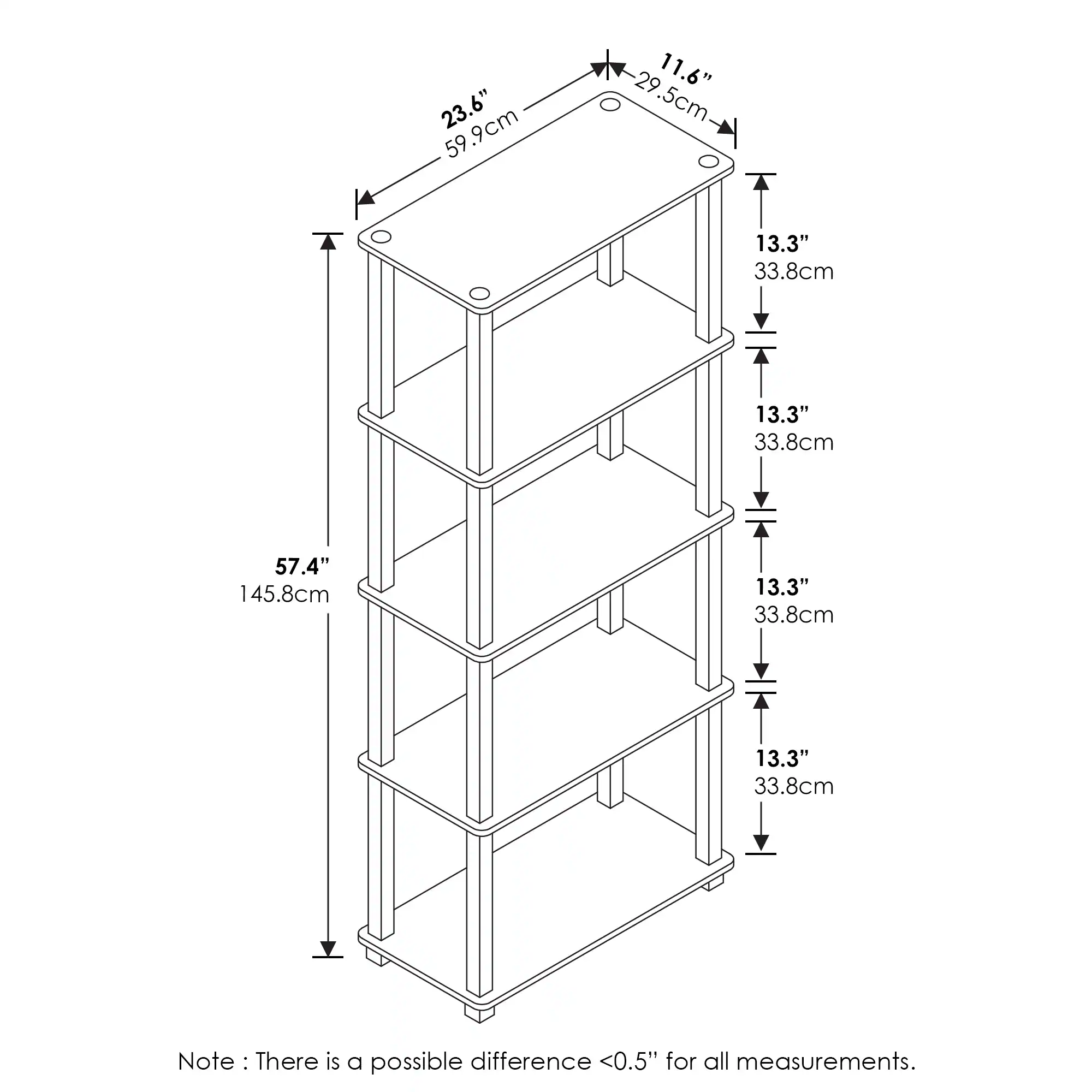 23.6" 59.9cm  
11.6" 29.5cm  
13.3" 33.8cm  
13.3" 33.8cm  
57.4" 145.8cm  
13.3" 33.8cm  
13.3" 33.8cm  

Note: There is a possible difference <0.5" for all measurements.