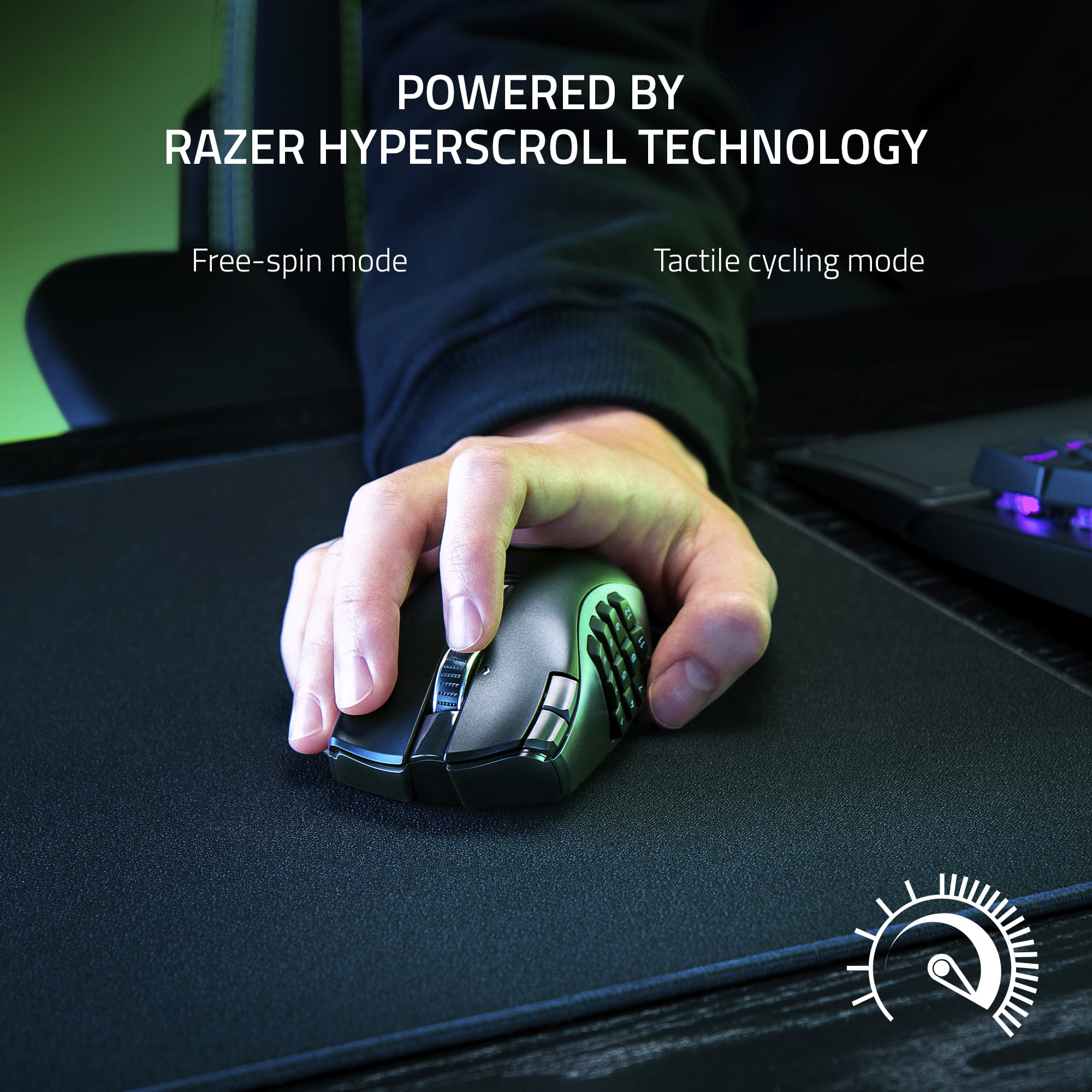 The text on the image reads "Powered by Razer HyperScroll Technology Free-spin mode Tactile cycling mode."