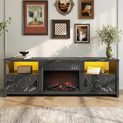 Front. Bestier - 71-inch Fireplace TV Stand with RGB Lights Entertainment Centers, Open Shelves & Cable Management - Black Marble.