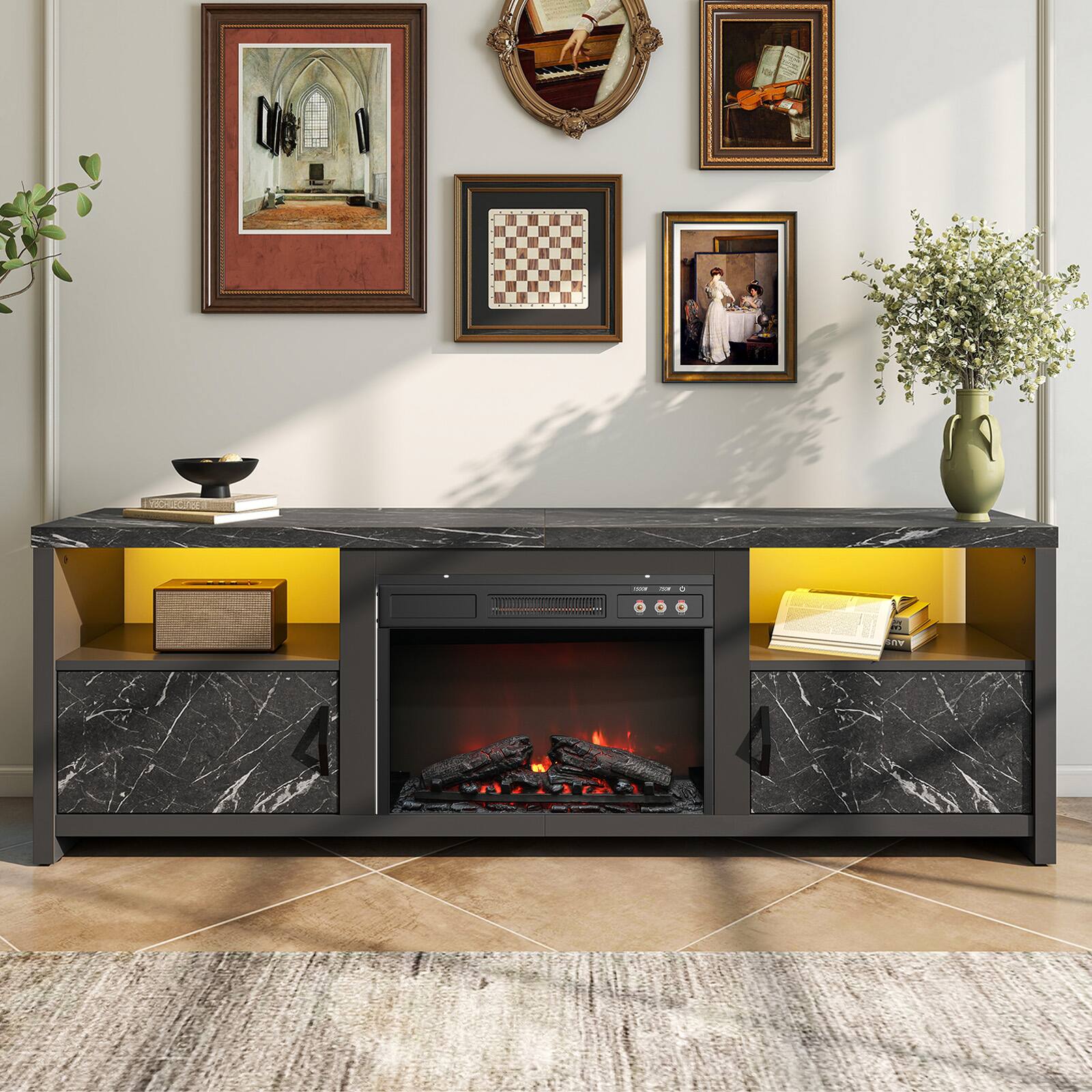 Bestier - 71-inch Fireplace TV Stand with RGB Lights Entertainment Centers, Open Shelves & Cable Management - Black Marble