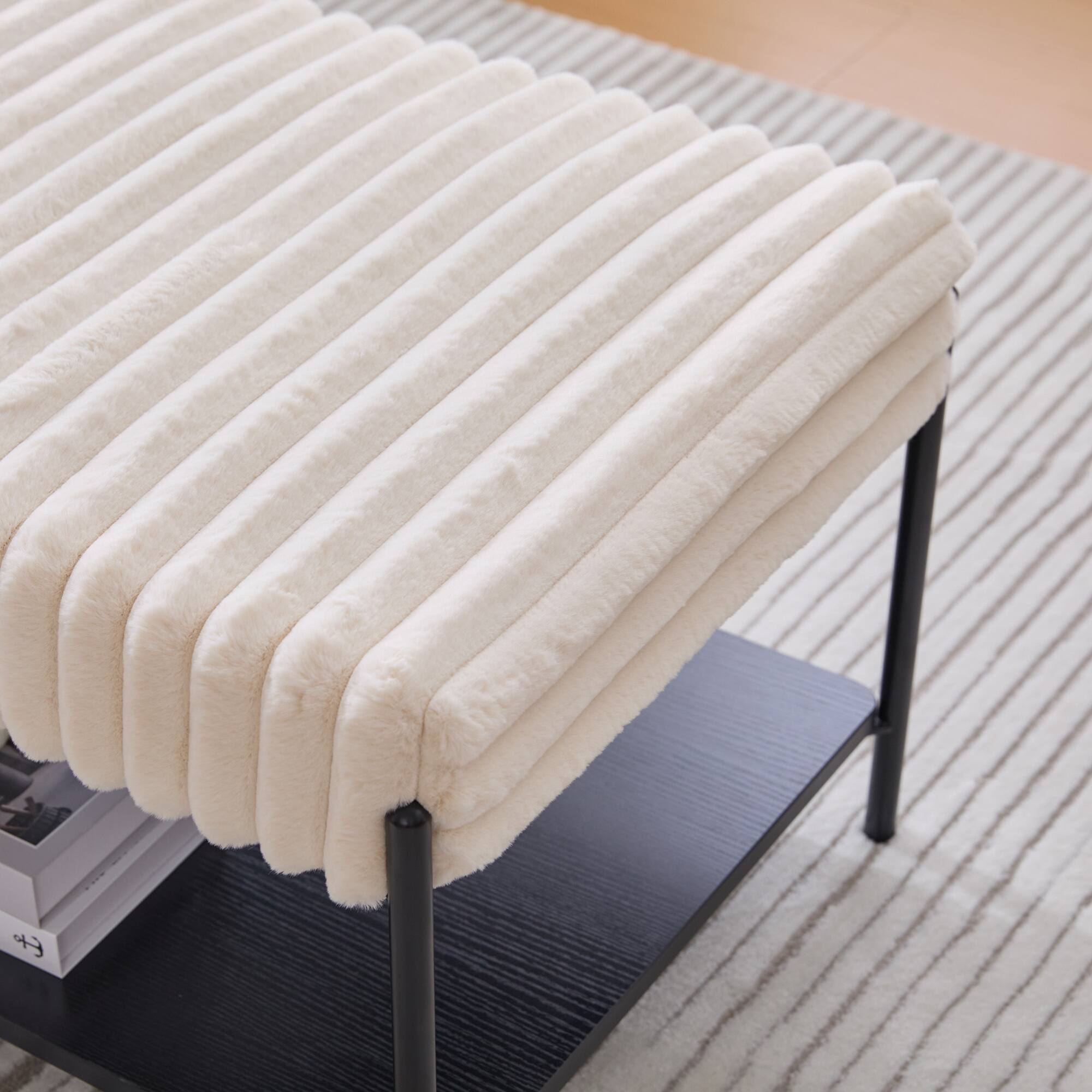 Alt View 1. GOODSILO - 30.7-Inch Wide Upholstered Ottoman Coffee Table with Storage Shelf and Metal Legs - Beige.