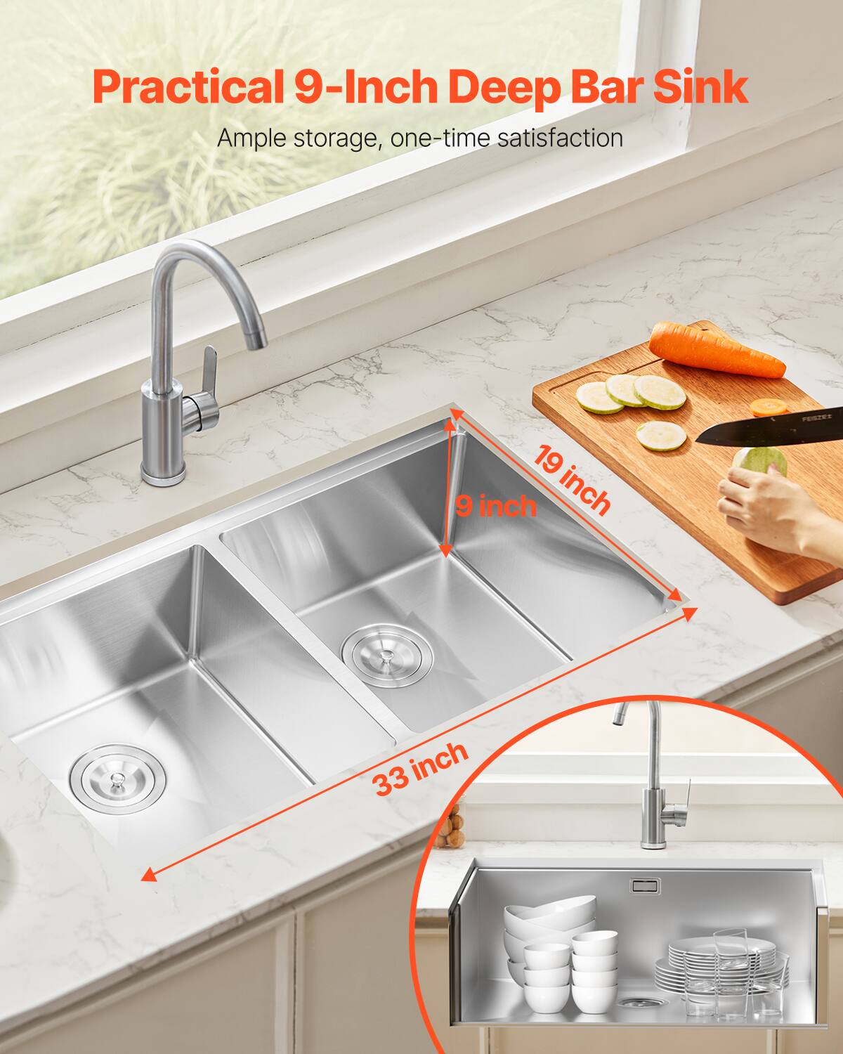 Practical 9-Inch Deep Bar Sink, Ample storage, one-time satisfaction, 19 inch, 9 inch, 33 inch