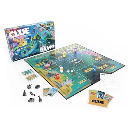 2X CLUE The Classic Mystery Game XAK Disney FINDING NEMO - aT - & ANEM OE T030800-08 THE -O BD TO AREAOIE CARE MNT - CLUE REMO VRE FRS - SAAE - CLUE arts M STANEY CRON CLUE