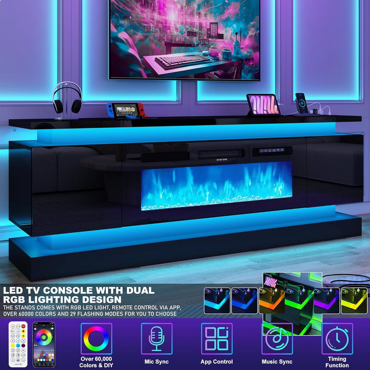 LED TV CONSOLE WITH DUAL RGB LIGHTING DESIGN  
THE STANDS COMES WITH RGB LED LIGHT, REMOTE CONTROL VIA APP, OVER 60000 COLORS AND 29 FLASHING MODES FOR YOU TO CHOOSE  

- Over 60,000 Colors & DIY Mic Sync App Control Music Sync Timing Function