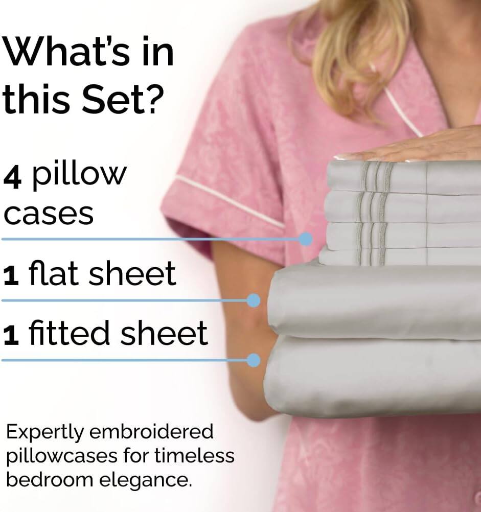 What's in this Set?  
4 pillow cases  
1 flat sheet  
1 fitted sheet  

Expertly embroidered pillowcases for timeless bedroom elegance.