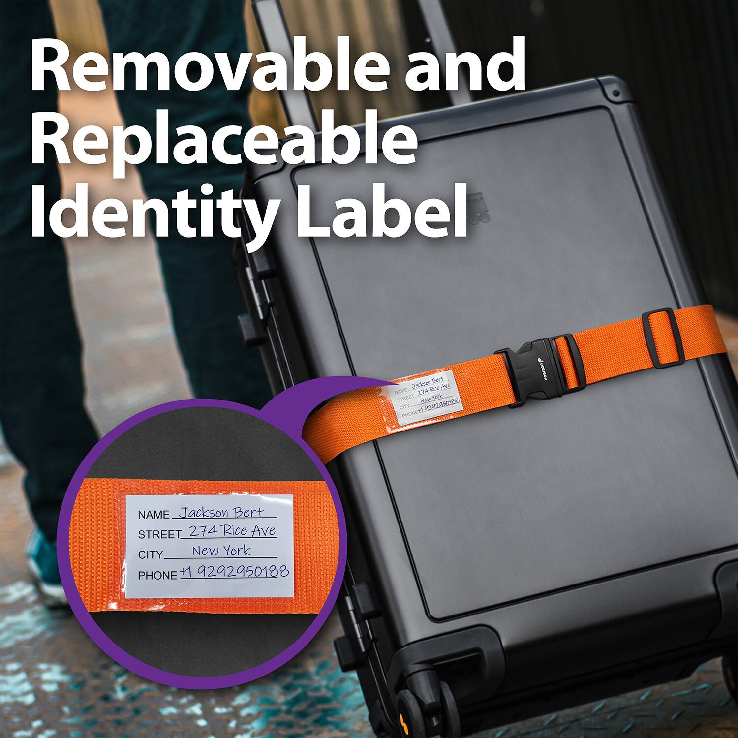 Removable and Replaceable Identity Label

NAME: Jackson Bert
STREET: 274 Rice Ave
CITY: New York
PHONE: +1 9292950188