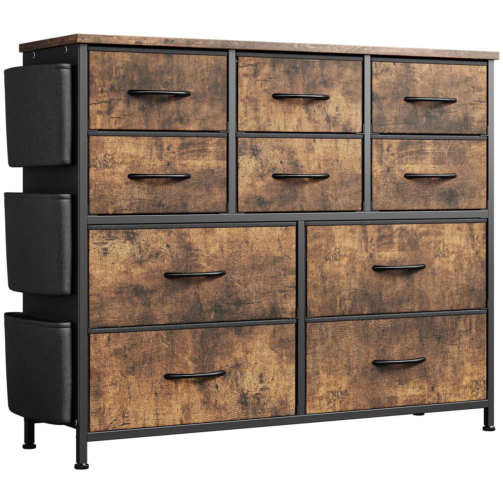 Alt View 5. Jojoka - Fabric 10 Drawer Dresser for Bedroom, Metal Frame Storage Organizer with Side Pockets & Hooks - Brown.