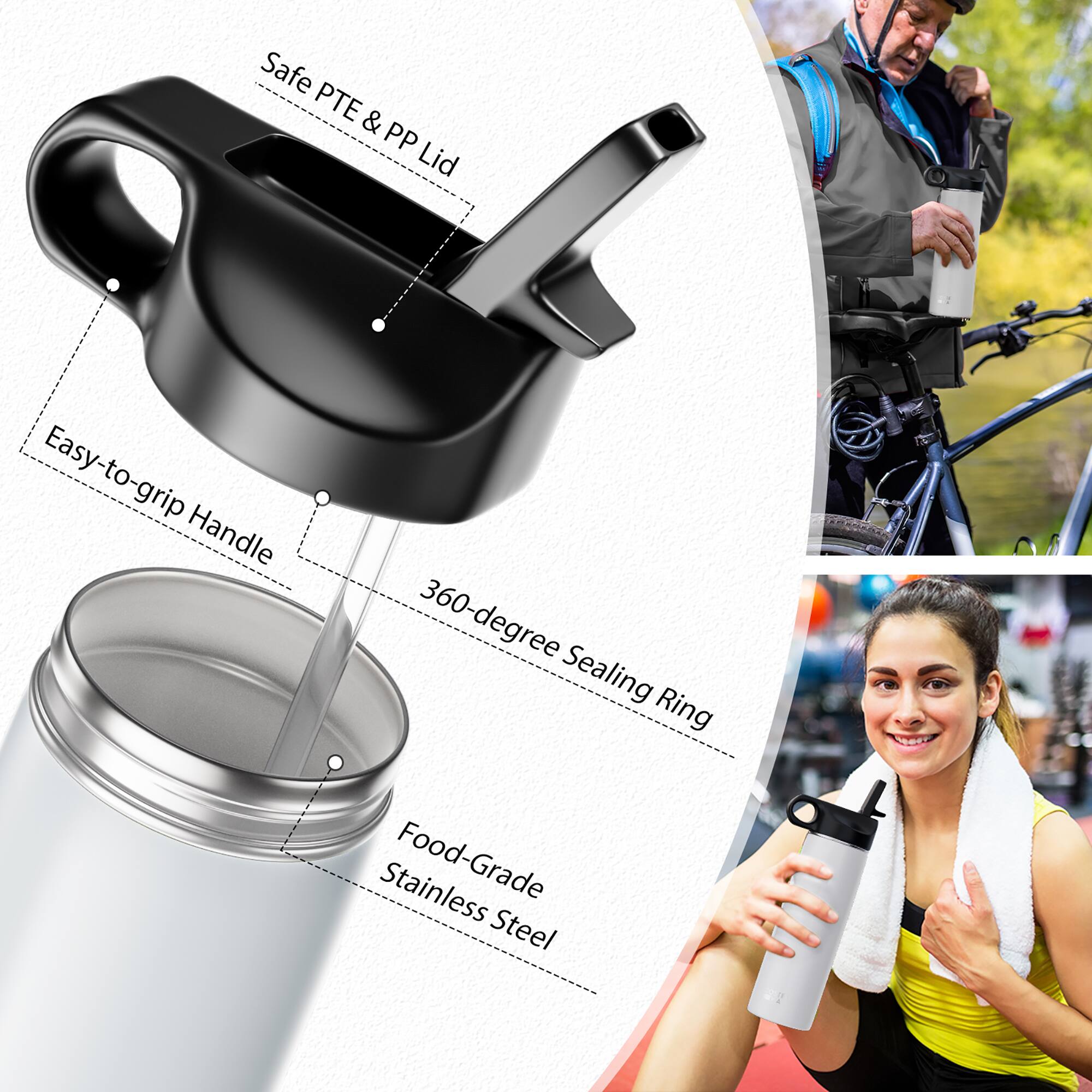 Safe PTE & PP Lid  
Easy-to-grip Handle  
360-degree Sealing Ring  
Food-Grade Stainless Steel