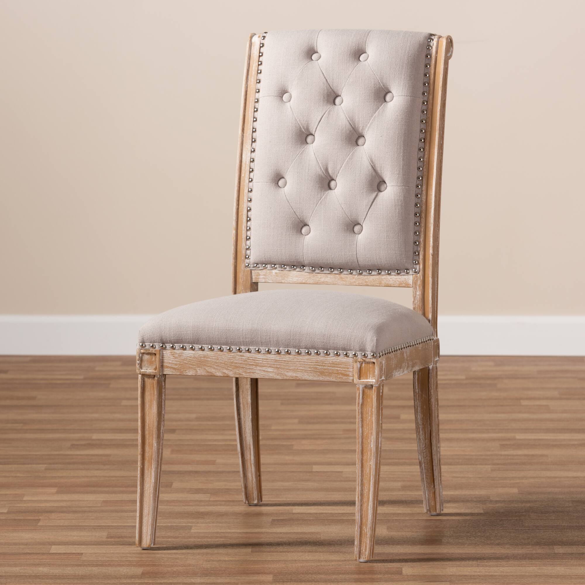 Alt View 4. Baxton Studio - Charmant French Provincial Fabric Upholstered Weathered Oak Finished Wood Dining Chair - Beige.