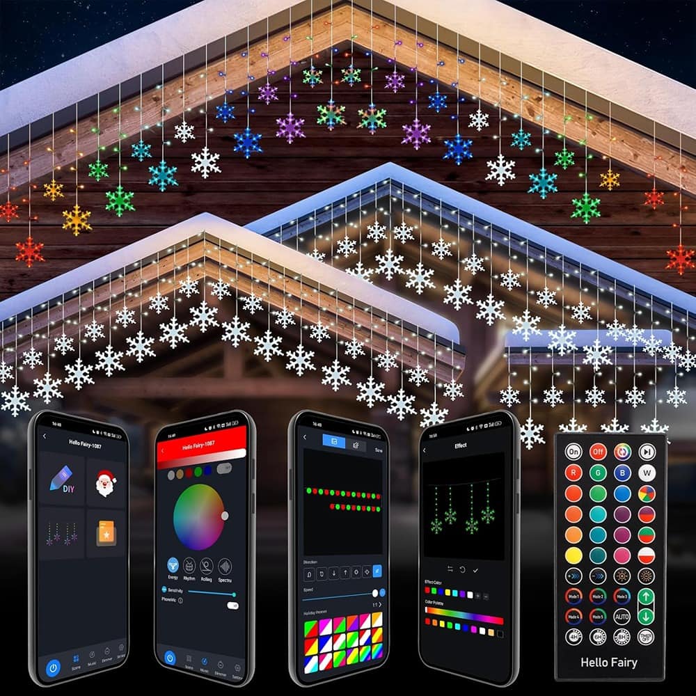 MOSZAR LLC - 33ft 384 LED Smart Snowflake Icicle Curtain Lights with App Control & Timer