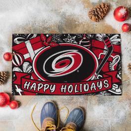 Evergreen Enterprises - Carolina Hurricanes 28" x 16" Happy Holidays Christmas Turf Door Mat - Multicolor
