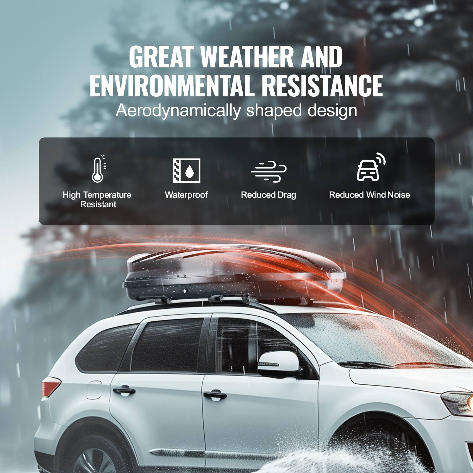 GREAT WEATHER AND ENVIRONMENTAL RESISTANCE  
Aerodynamically shaped design  

- High Temperature Resistant  
- Waterproof  
- Reduced Drag  
- Reduced Wind Noise