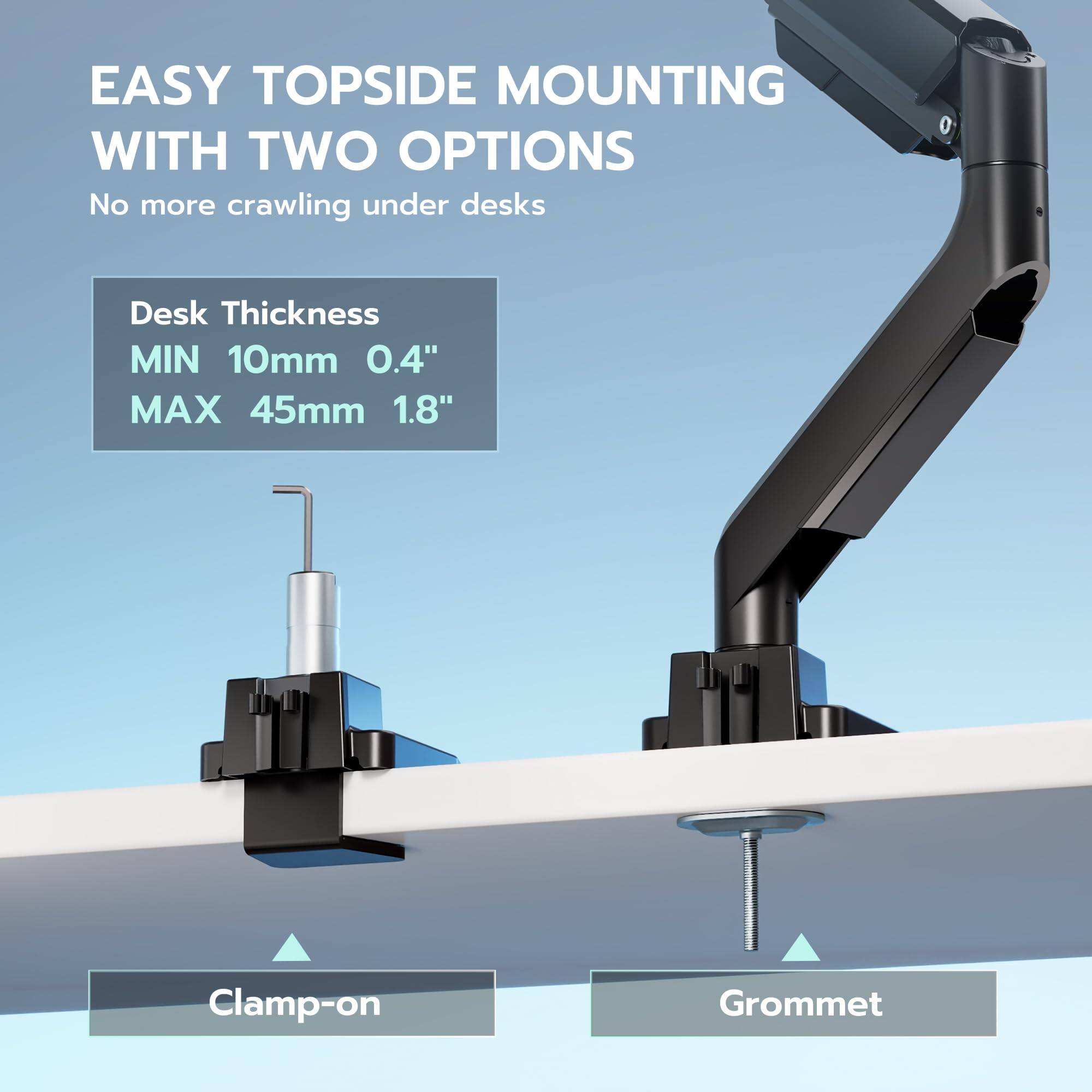EASY TOPSIDE MOUNTING WITH TWO OPTIONS  
No more crawling under desks  

Desk Thickness  
MIN 10mm 0.4"  
MAX 45mm 1.8"  

Clamp-on  
Grommet