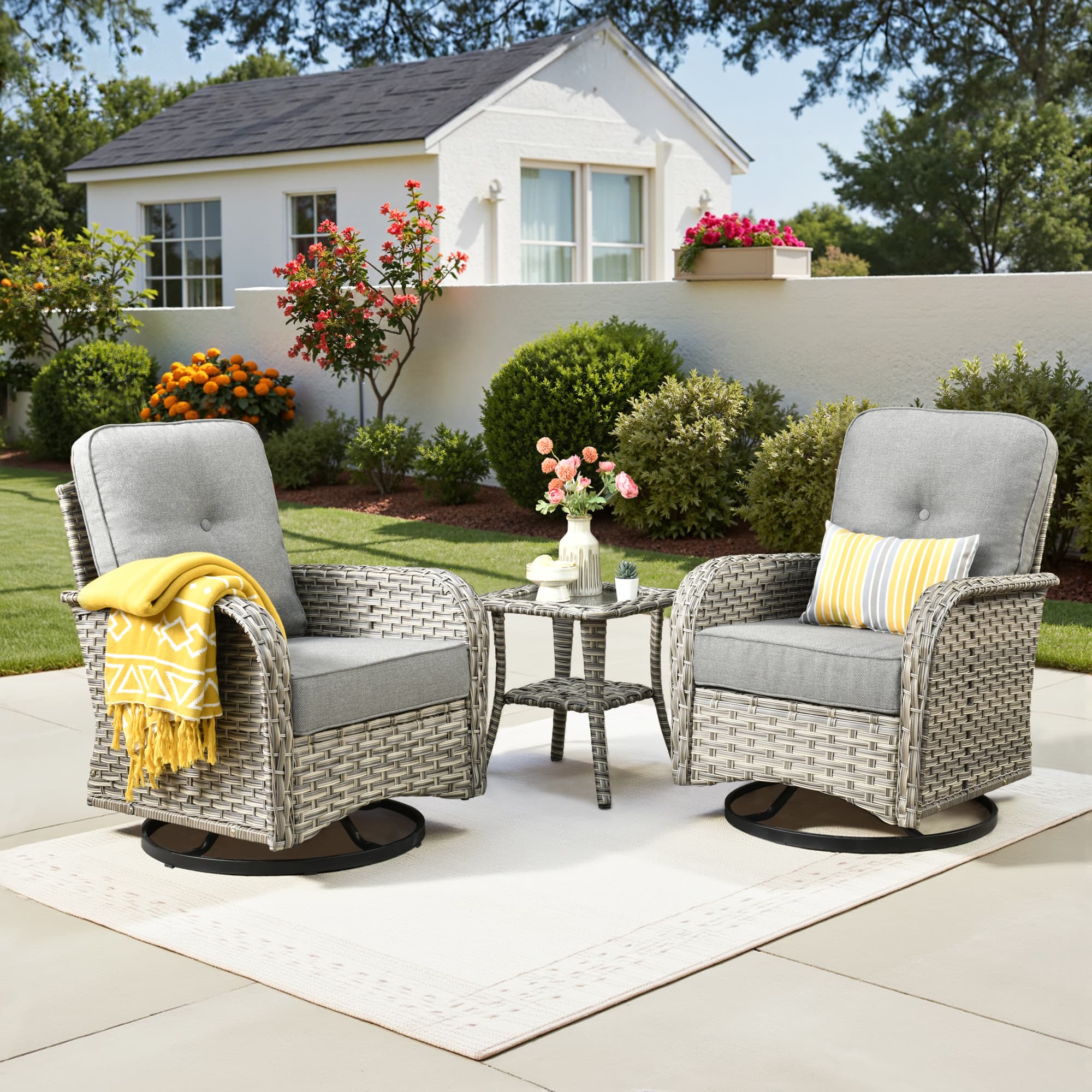 Ovios - 3 PCS Patio Rocker Set, Wicker Rocking Chairs, Rattan Swivel Chairs with Side Table - Dark Gray