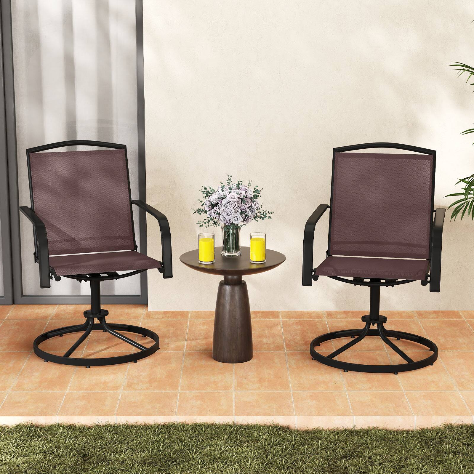 Alt View 3. Gymax - Gymax Patio Swivel Chairs Set of 2 w/ High Back & Round Metal Base for Backyard - Brown.