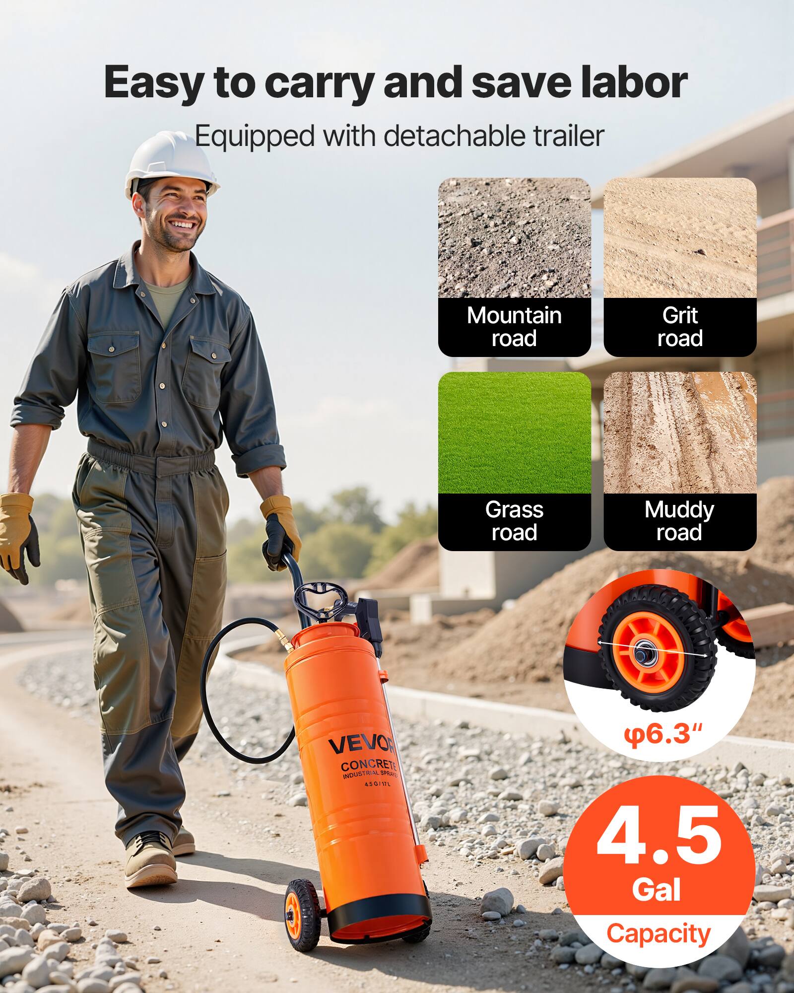 Easy to carry and save labor  
Equipped with detachable trailer  

Mountain road  
Grit road  
Grass road  
Muddy road  

VEVOR CONCRETE INDUSTRIAL SP 4S/U  
6.3"  
4.5 Gal Capacity