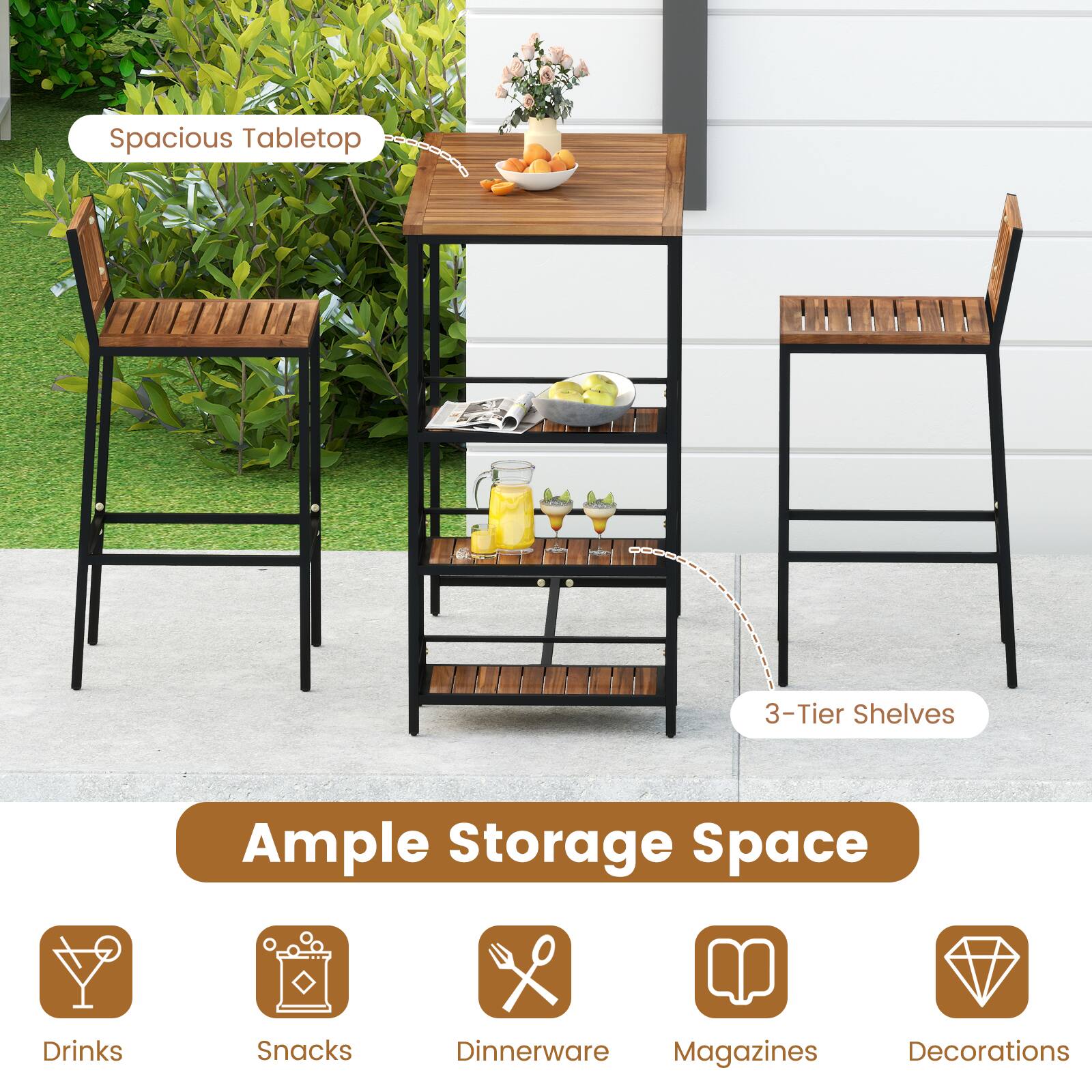 Spacious Tabletop  
3-Tier Shelves  

Ample Storage Space  
Drinks  
Snacks  
Dinnerware  
Magazines  
Decorations