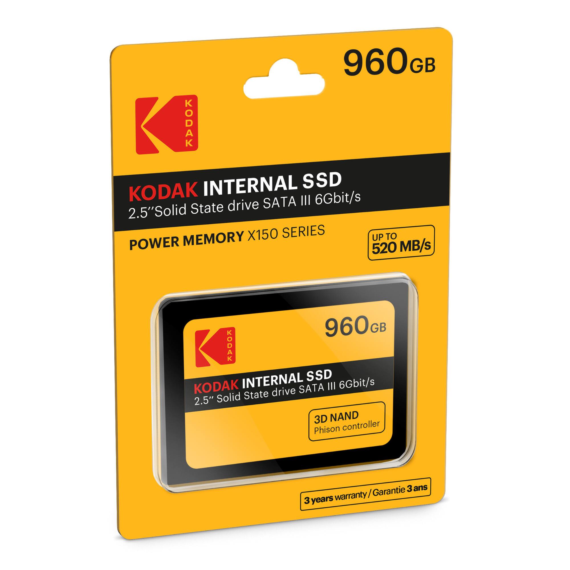 960GB  
KODAK INTERNAL SSD  
2.5" Solid State drive SATA III 6Gbit/s  
POWER MEMORY X150 SERIES  
UP TO 520 MB/s  
3D NAND  
Phison controller  
3 years warranty / Garantie 3 ans