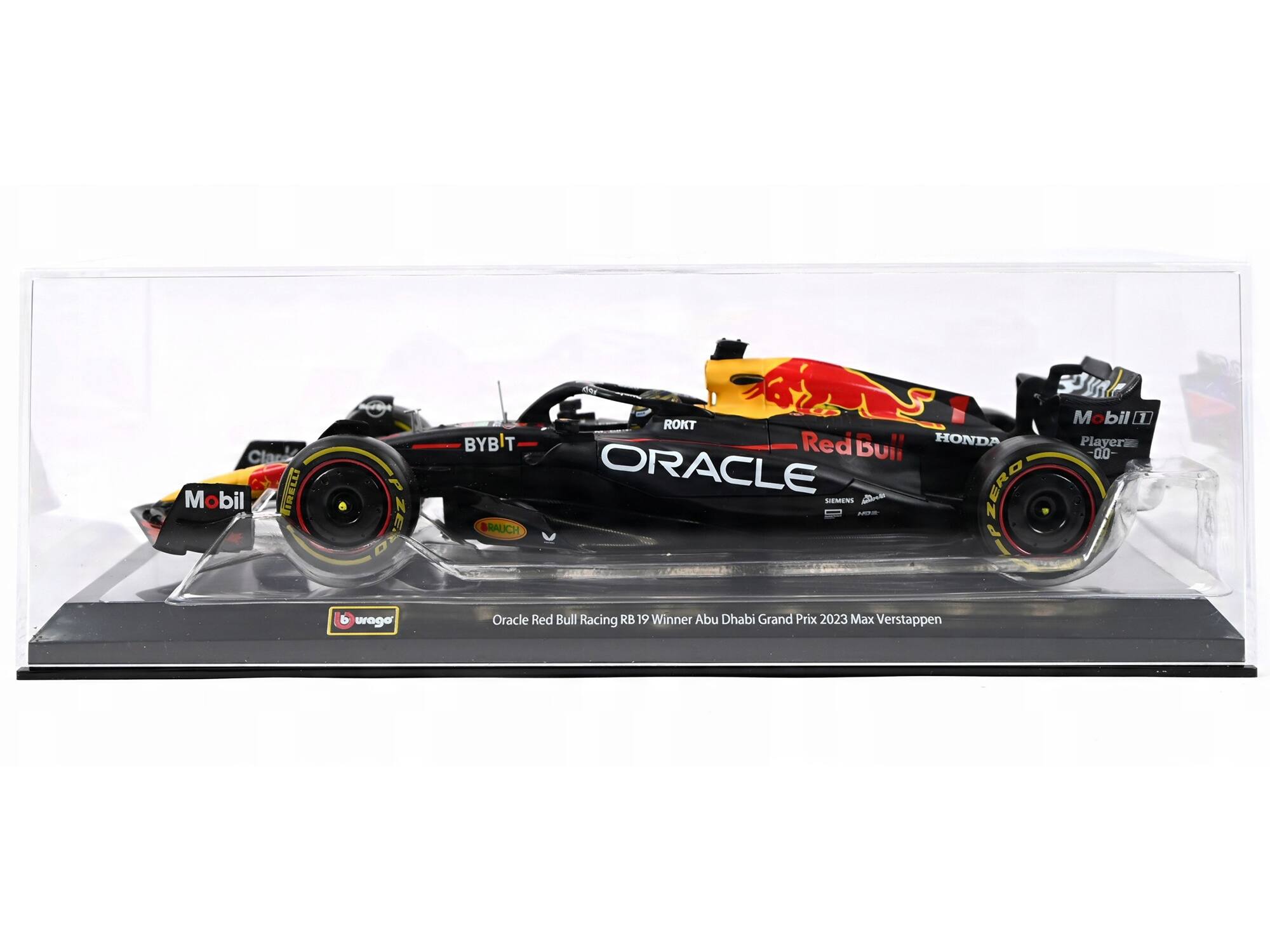 Clare Mobil TIMELLY Fe ZERO  
urago  
Mobil "ROKT BYBIT RedBull HONDA Player 00 ORACLE SIEARENS A P a RAUCH Oracle Red Bull Racing RB 19 Winner Abu Dhabi Grand Prix 2023 Max Verstappen