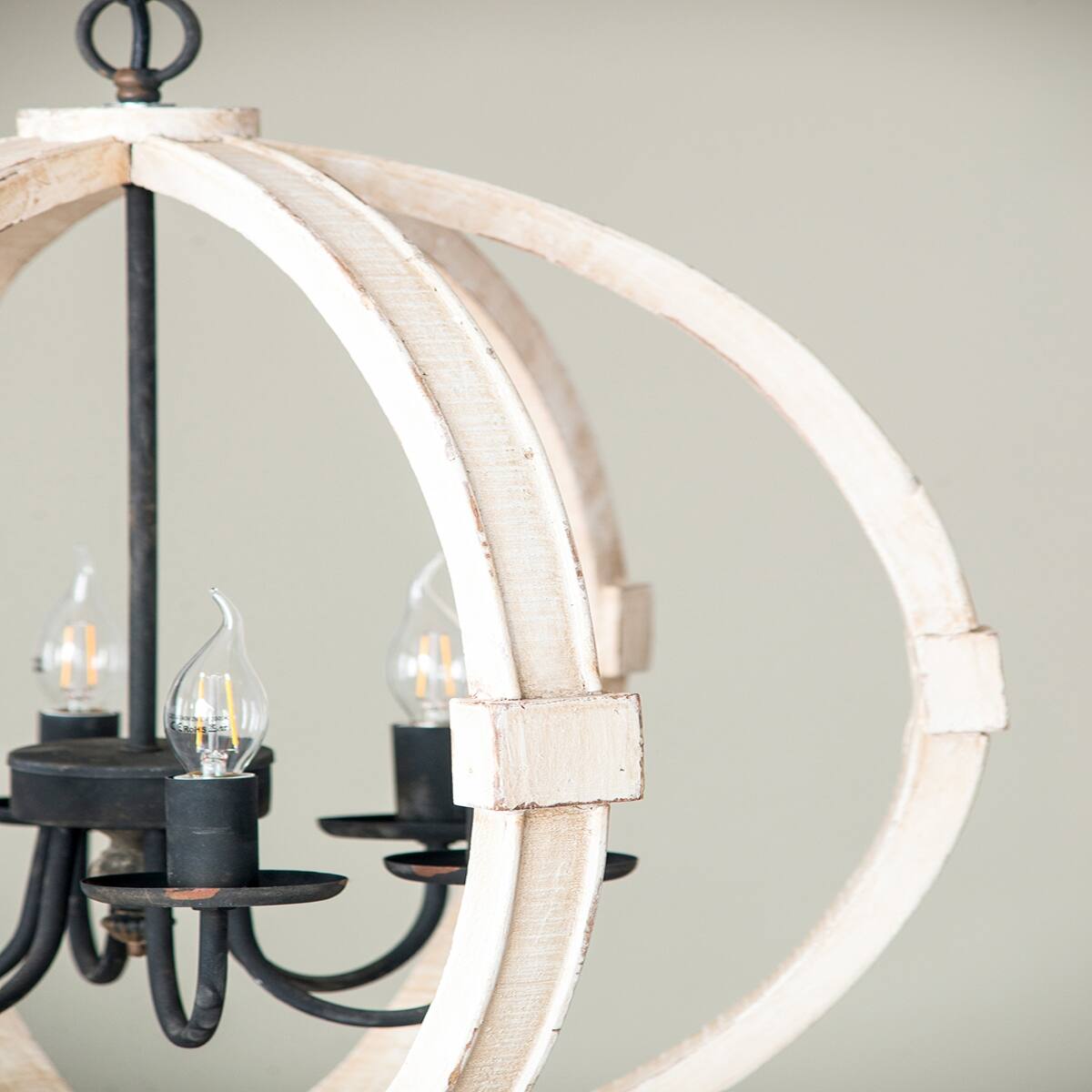 Alt View 10. Loheer - Loheer Six Light Wood Chandelier, Distressed White Finish, Adjustable Chain for Dining Room or Foyer.