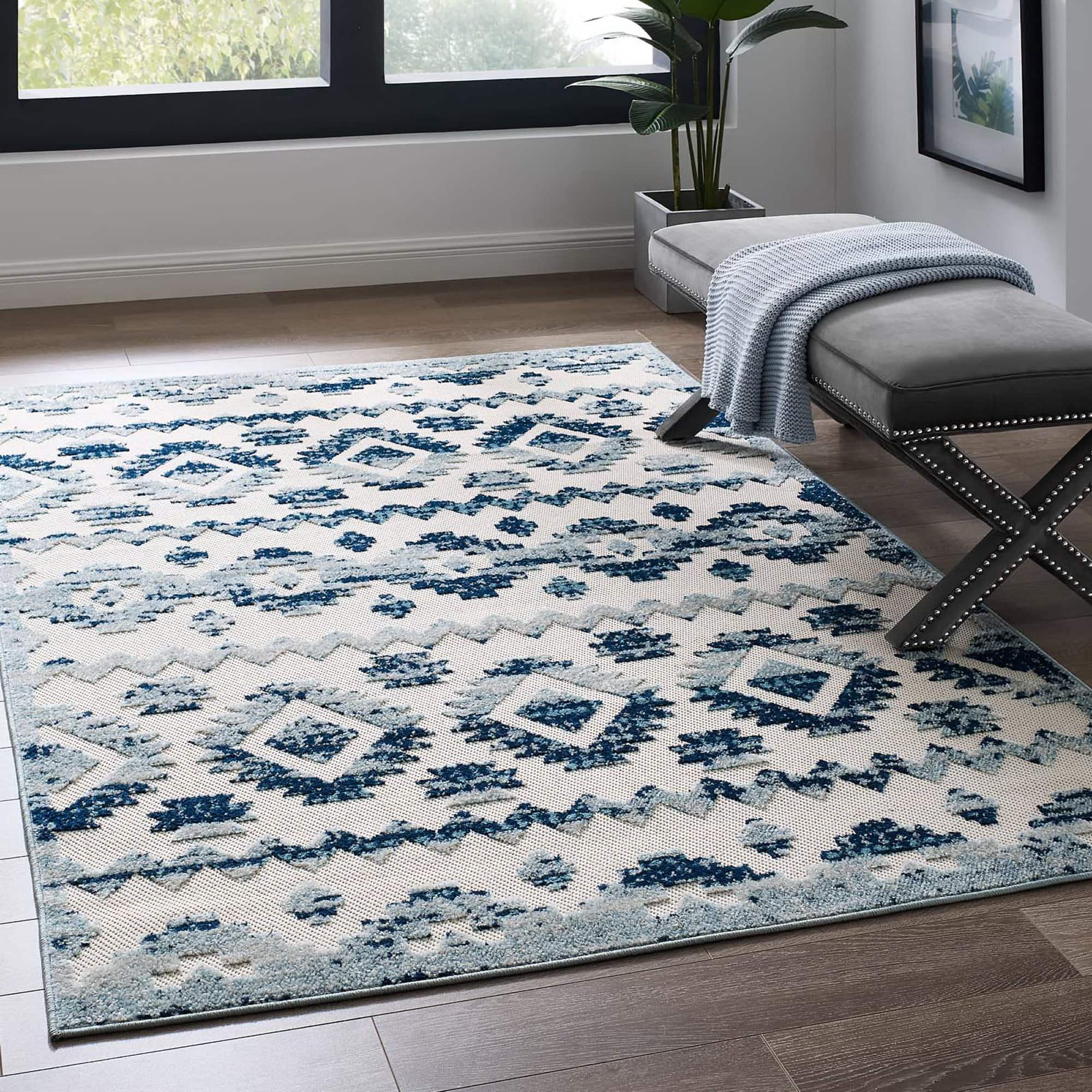 Photos - Area Rug Modway  Reflect Takara Abstract Diamond Moroccan Trellis Indoor and Outdoor  - Ivory and Blue 