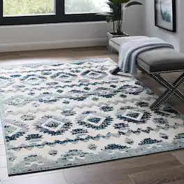 Modway - Reflect Takara Abstract Diamond Moroccan Trellis Indoor and Outdoor Area Rug - Ivory and Blue