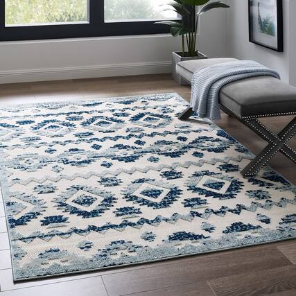 Front. Modway - Reflect Takara Abstract Diamond Moroccan Trellis Indoor and Outdoor Area Rug - Ivory and Blue.