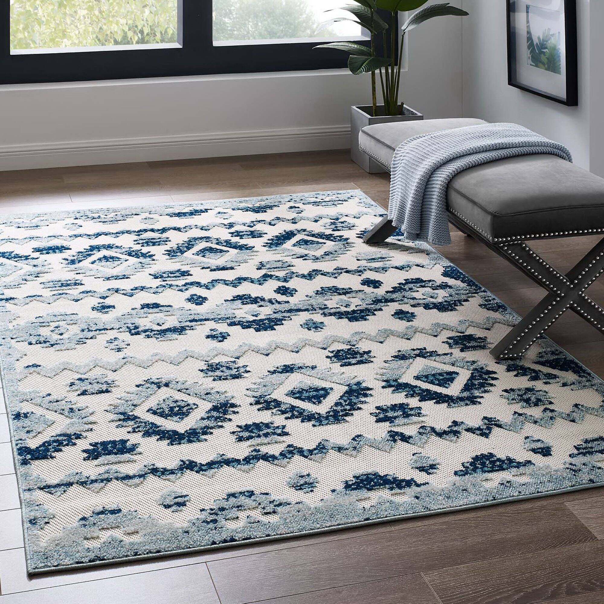 Front. Modway - Reflect Takara Abstract Diamond Moroccan Trellis Indoor and Outdoor Area Rug - Ivory and Blue.