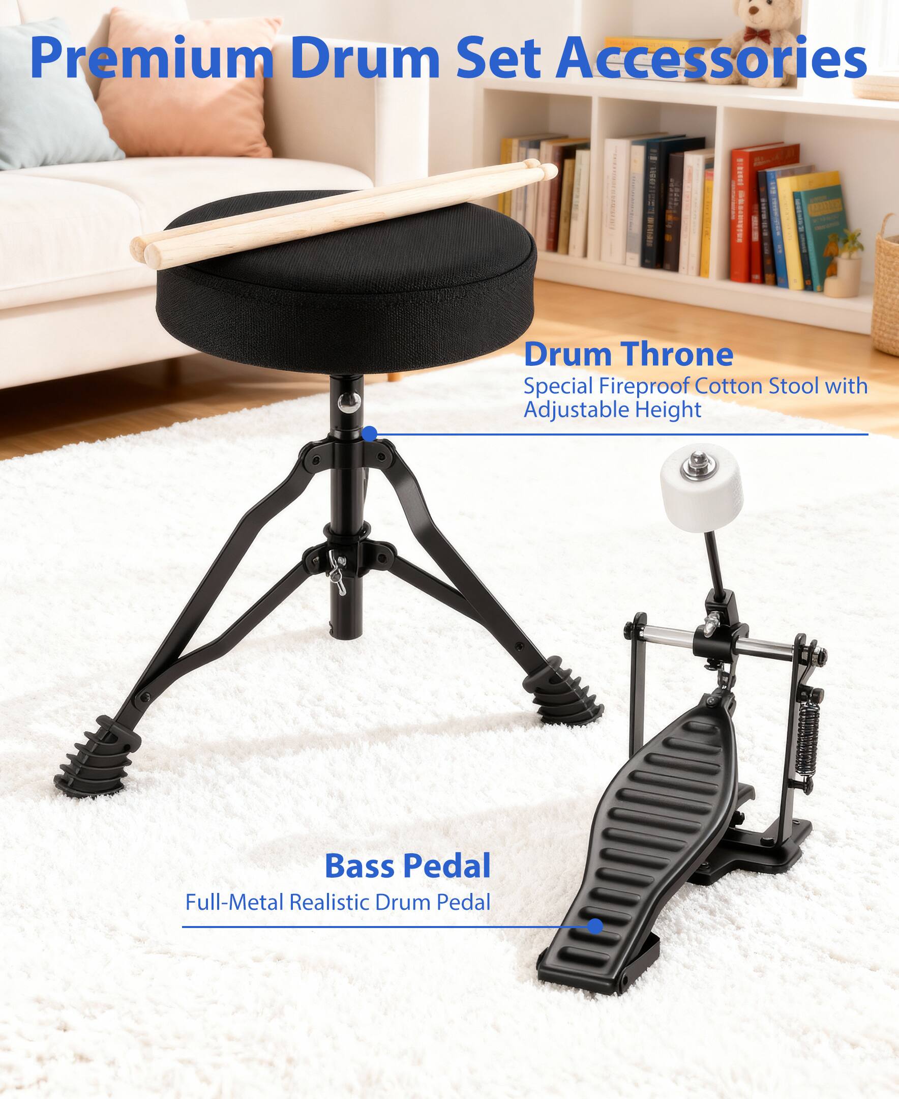 Back. Sugift - 3-Piece Kids Drum Set with Adjustable Stool, Bass Pedal & Cymbal – Realistic Junior Drum Kit for Ages 3+ - Blue.