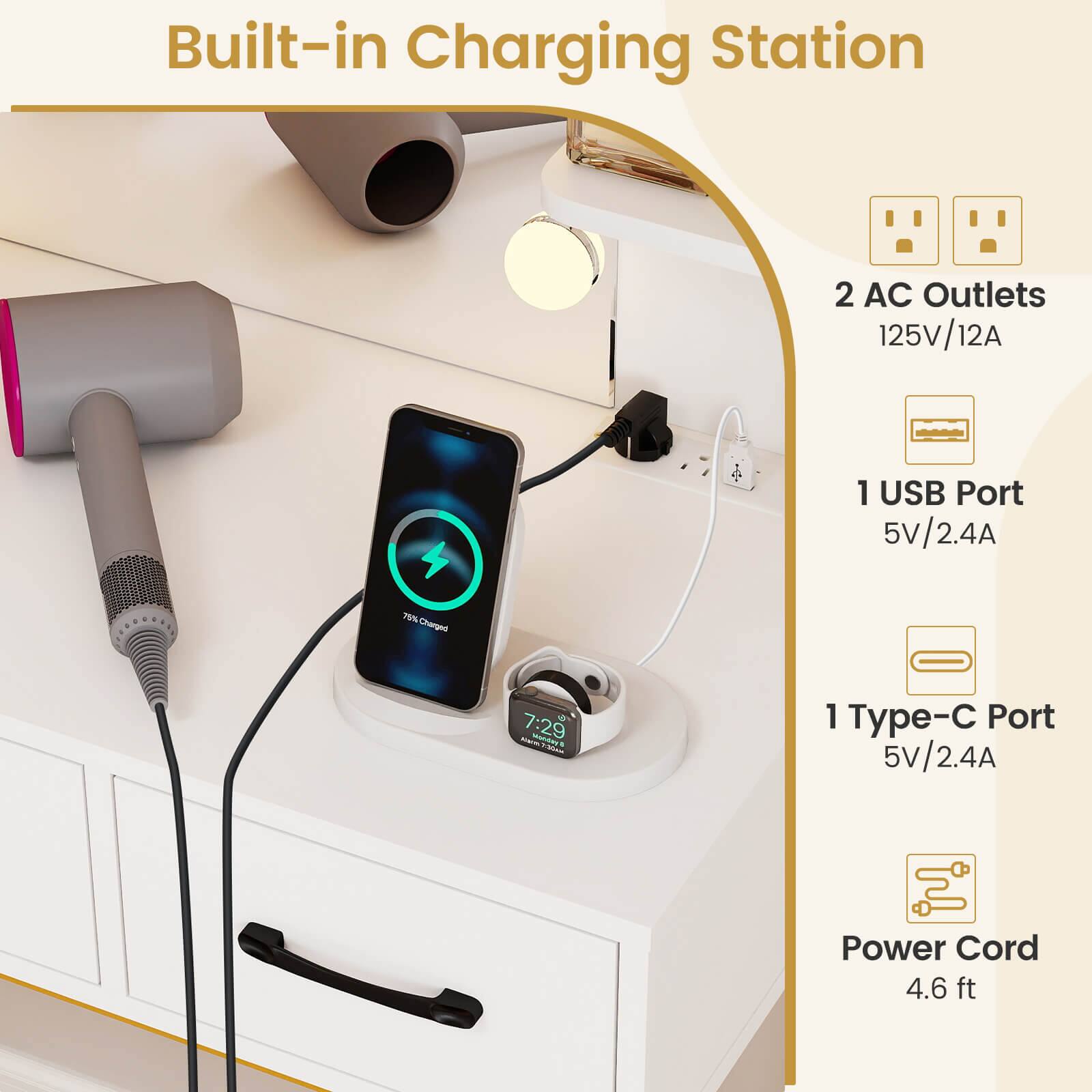 Built-in Charging Station

- 2 AC Outlets
  - 125V/12A

- 1 USB Port
  - 5V/2.4A

- 1 Type-C Port
  - 5V/2.4A

- Power Cord
  - 4.6 ft