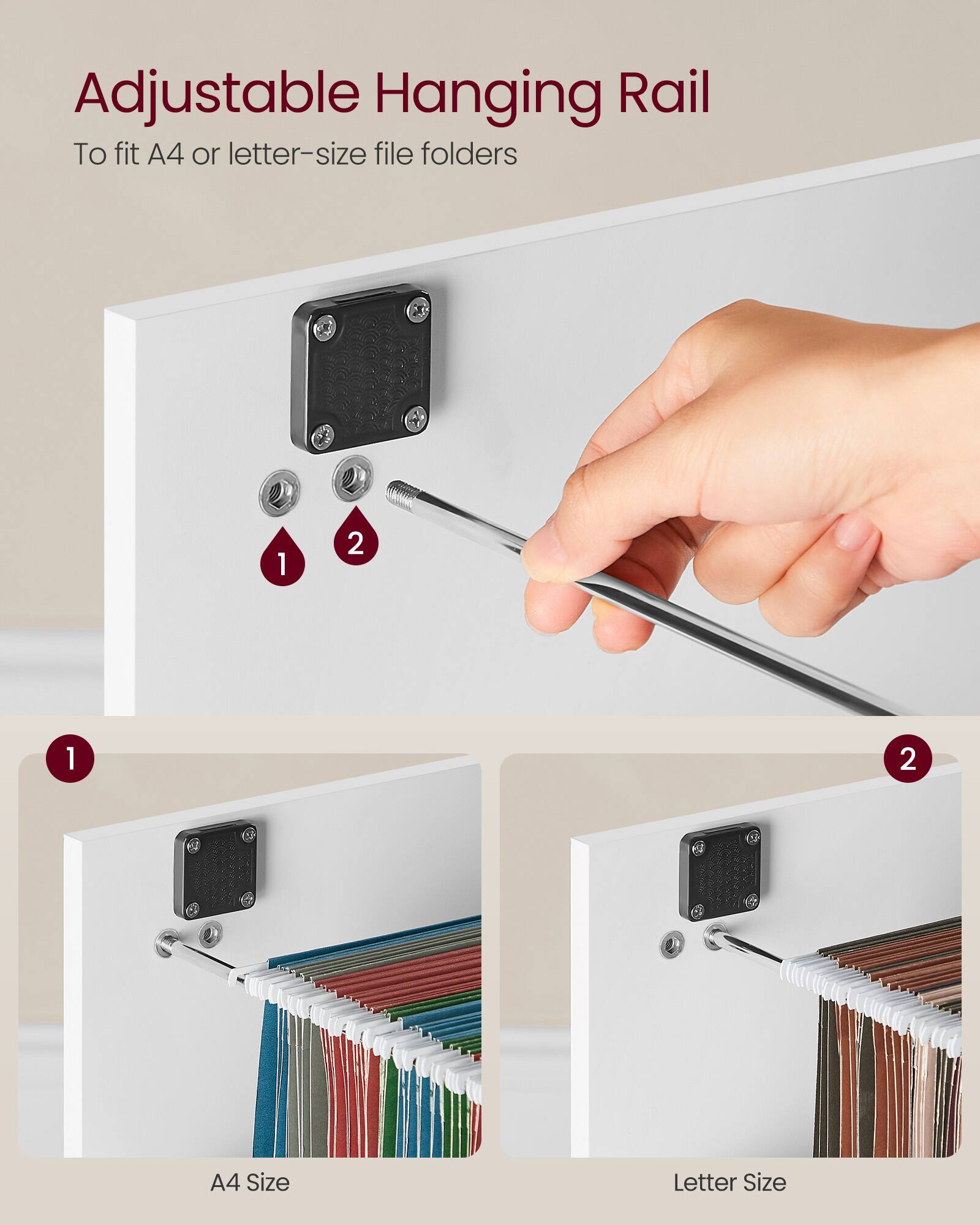 Adjustable Hanging Rail  
To fit A4 or letter-size file folders  

1.  
2.  

A4 Size  
Letter Size