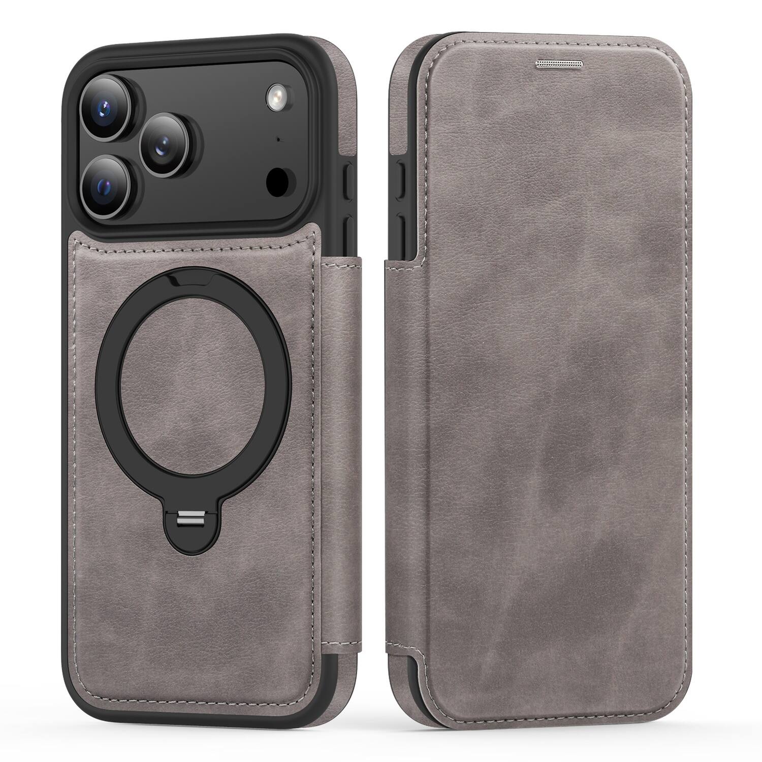 Angle. Dteck - For Apple iPhone 17 Pro Max Shockproof Leather RFID Blocking Card Slots Full Protection Mag Safe Case RIng Kickstand - Gray.