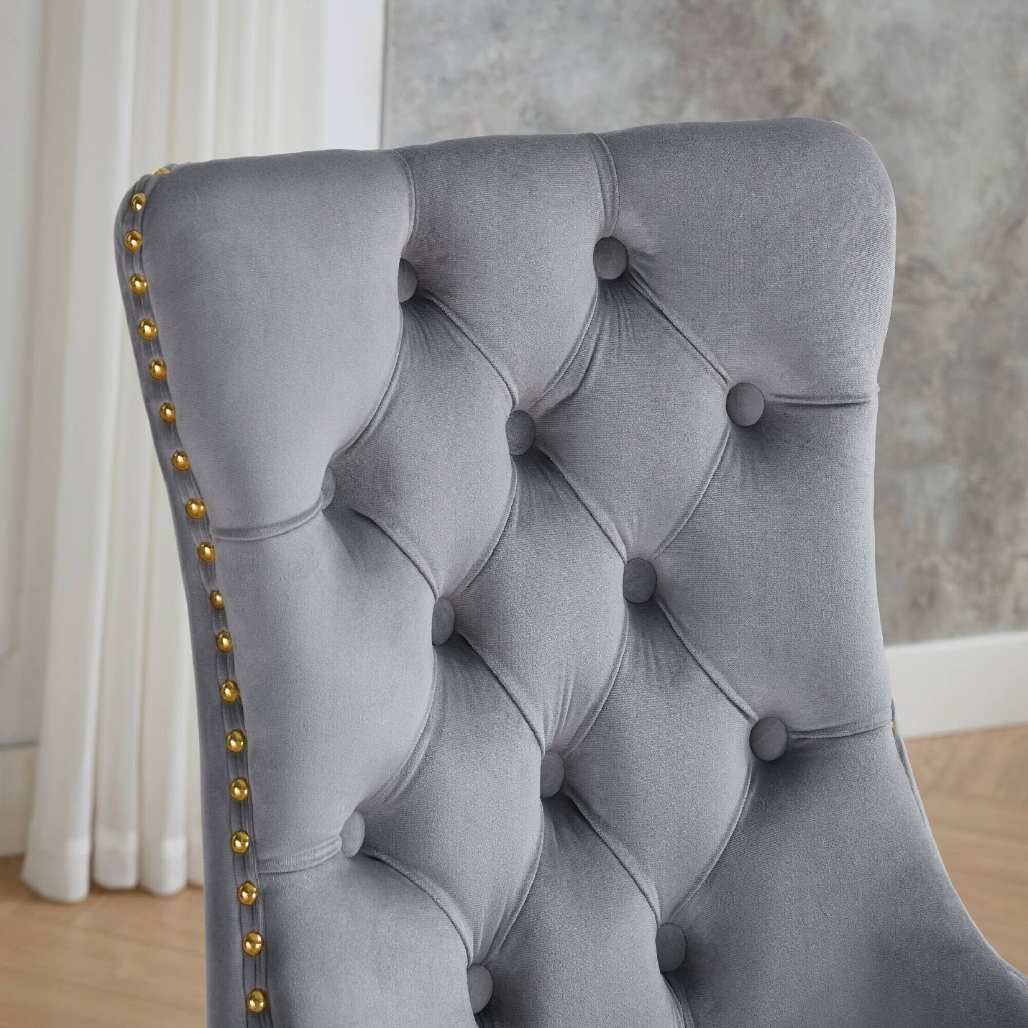 Alt View 5. GOODSILO - Modern High-End Tufted Velvet Upholstered Dining Chairs with Solid Wood Legs and Nailhead Trim, Set of 2 - Light Gray.