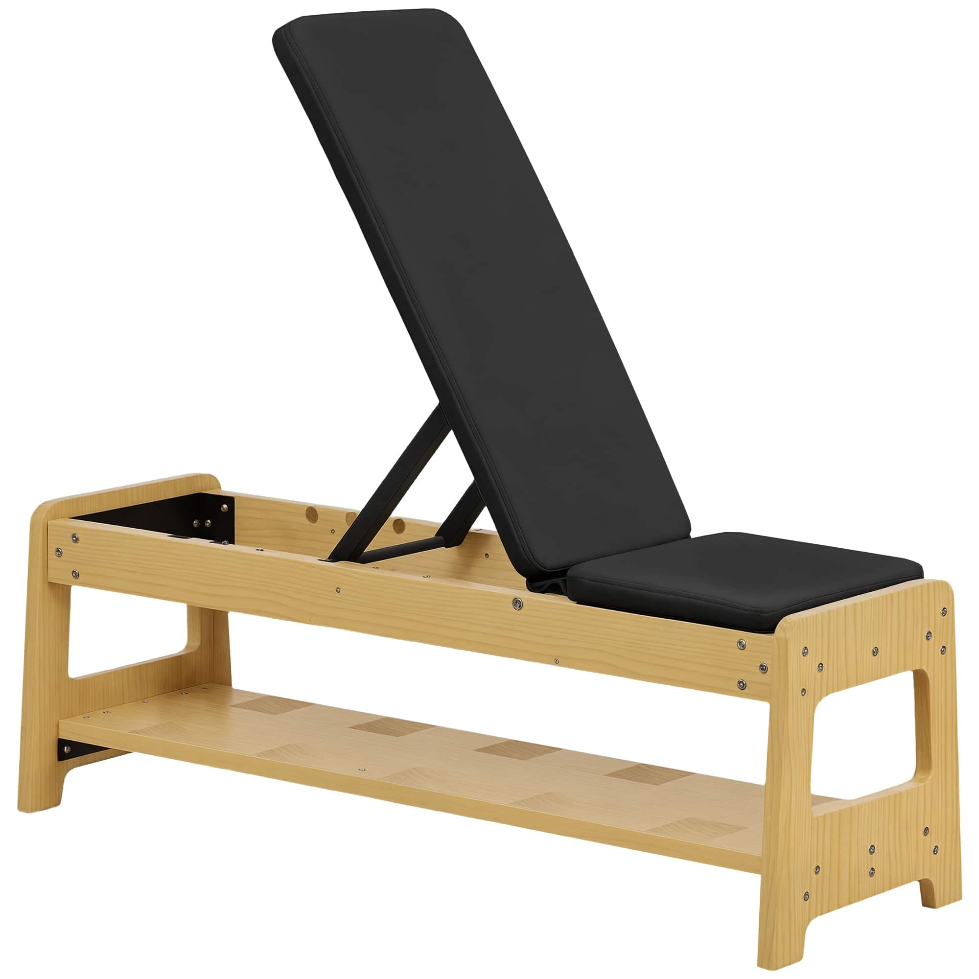 Soozier - Adjustable Weight Bench with Dumbbell Rack, Wooden Workout Bench, Flat or Incline Bench - Black