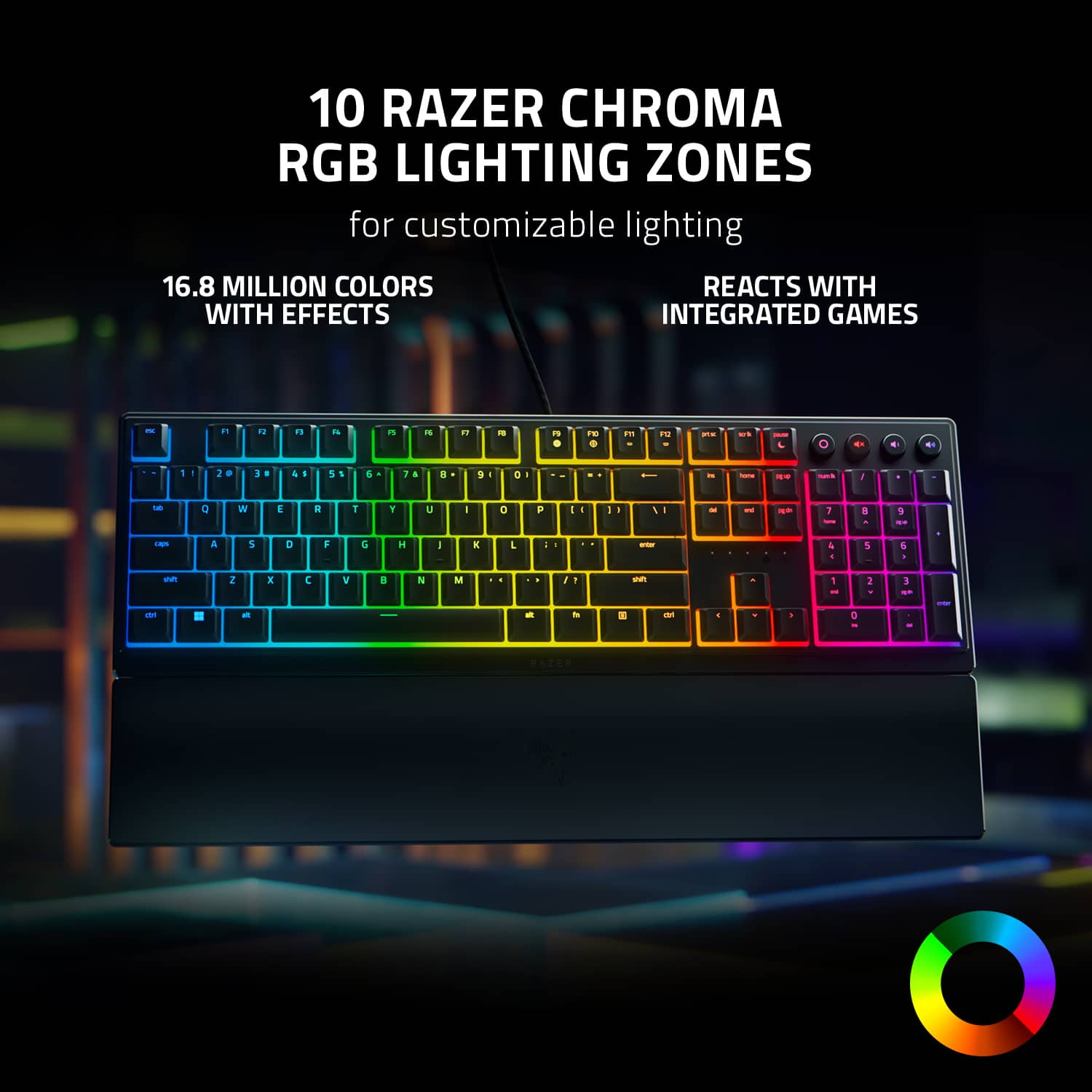 10 Razer Chroma RGB Lighting Zones for customizable lighting
16.8 Million Colors with effects reacts with integrated games
The image features a colorful keyboard with a rainbow design, showcasing the 10 Razer Chroma RGB Lighting Zones for customizable lighting. The keyboard also offers 16.8 million colors with effects, which react with integrated games. This unique keyboard design is perfect for gamers and anyone who wants to add a touch of color and personality to their computer setup.