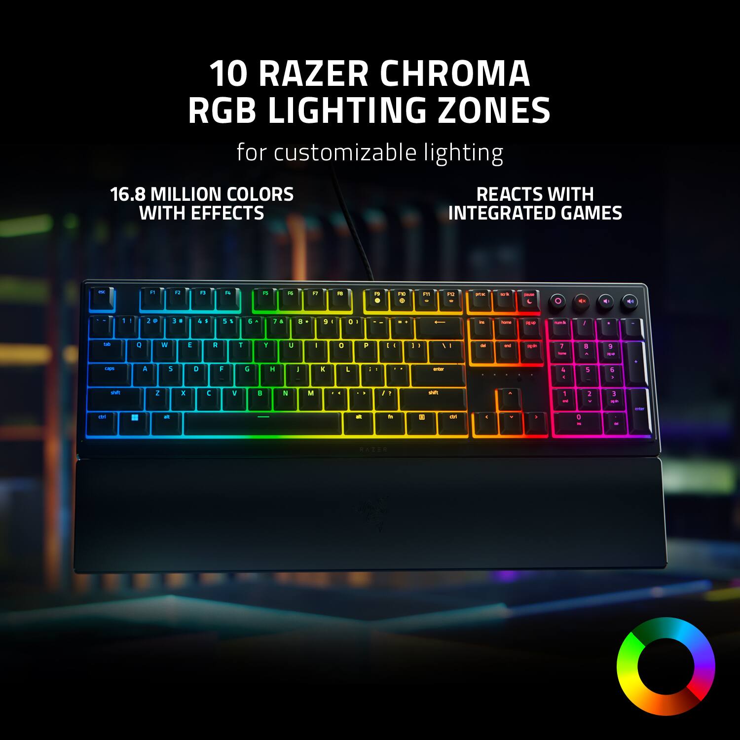 10 Razer Chroma RGB Lighting Zones for customizable lighting
16.8 Million Colors with effects reacts with integrated games

The image features a colorful keyboard with a rainbow design, showcasing the 10 Razer Chroma RGB Lighting Zones for customizable lighting. The keyboard also offers 16.8 million colors with effects, which react with integrated games. This unique keyboard design is perfect for gamers and anyone who wants to add a touch of color and personality to their computer setup.