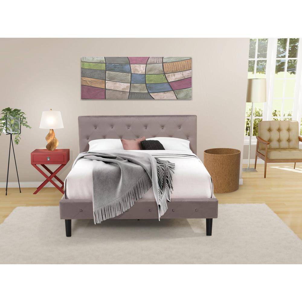 East West Furniture - NL14Q-1HA13 2 Piece Queen Bed Set - 1 Bed Brown Taupe Velvet Fabric Headboard and 1 Night Stand - Burgundy Finish - Taupe Brown