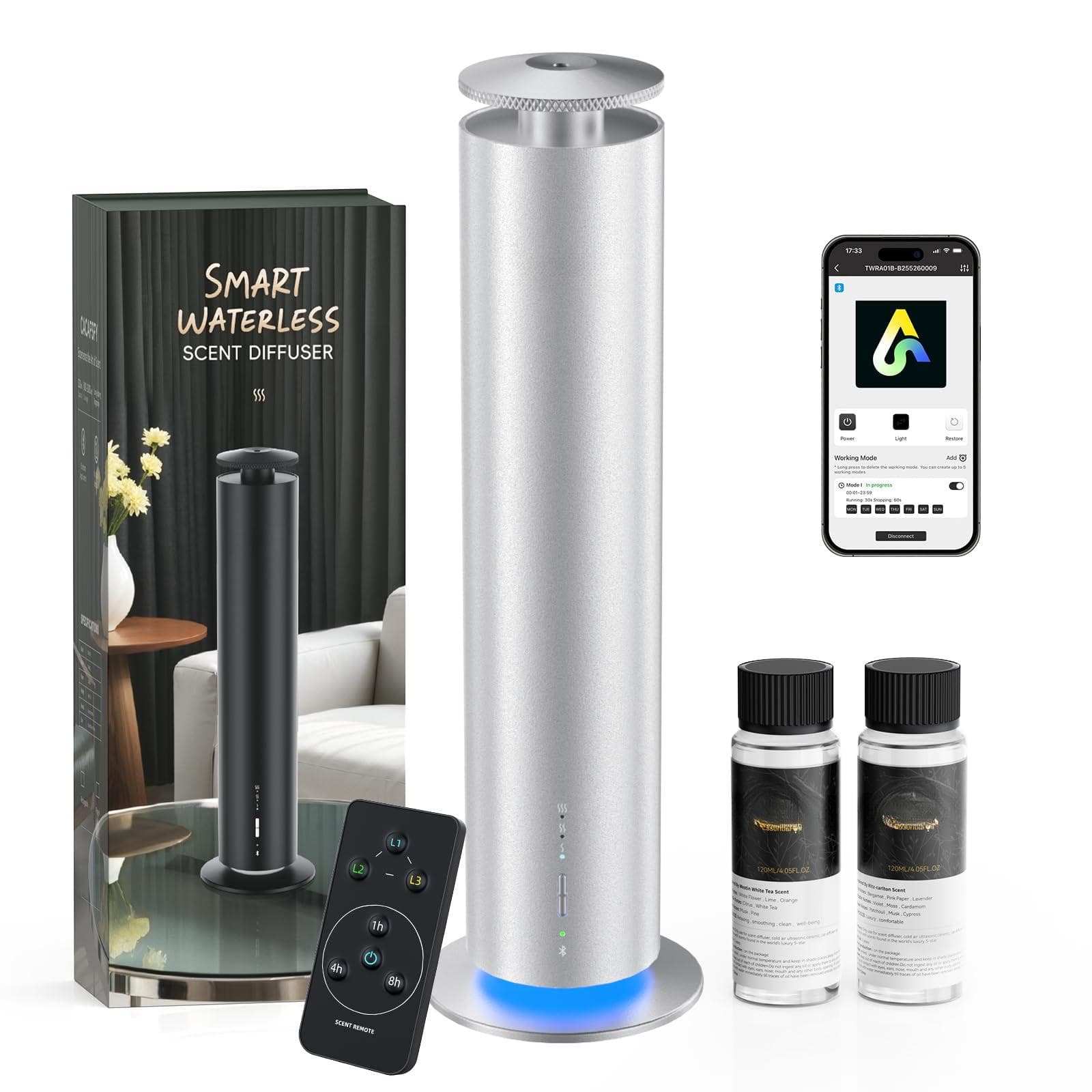 Live At Space - Waterless Cold-Air Diffuser 400ml 3000ft² 2×50ml Oil App Control - Metallic Silver + Night Light