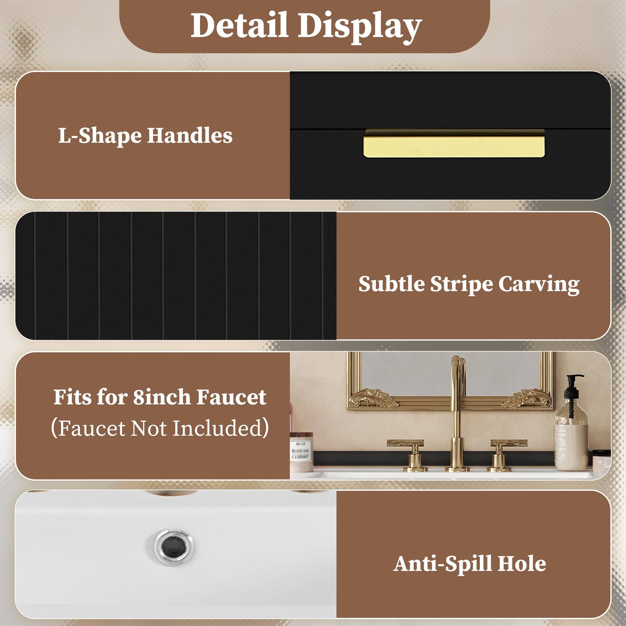 Detail Display

- L-Shape Handles
- Subtle Stripe Carving
- Fits for 8inch Faucet (Faucet Not Included)
- Anti-Spill Hole