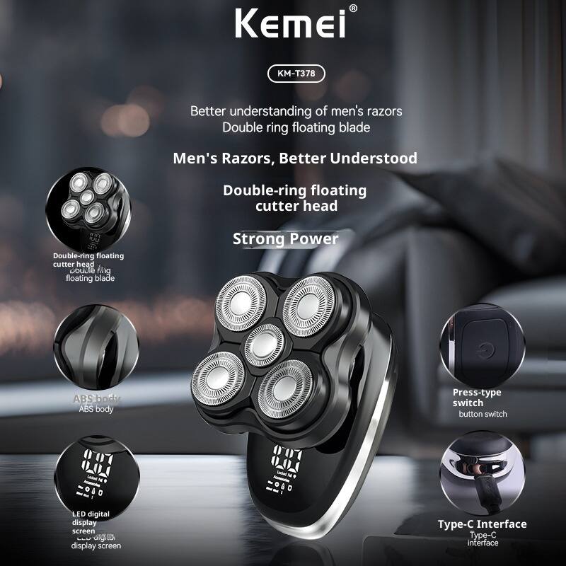 Kemei KM-T378  
Better understanding of men's razors  
Double ring floating blade  
Men's Razors, Better Understood  
Double-ring floating cutter head  
Strong Power  
ABS body  
Press-type switch button switch  
LED digital display screen  
Type-C interface