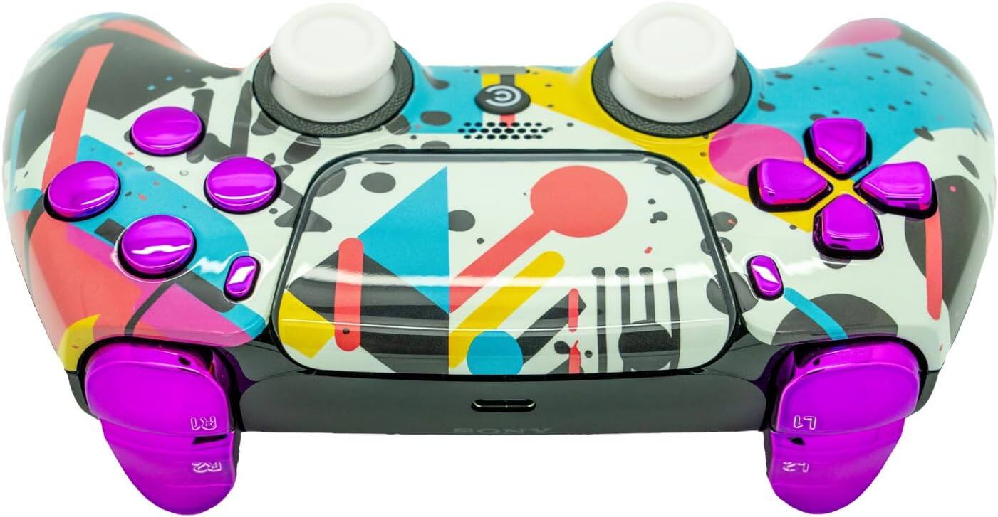 Back. Custom Controllerzz - Custom Wireless Controller for PS5 - Retro Abstract & Purple Chrome Inserts.