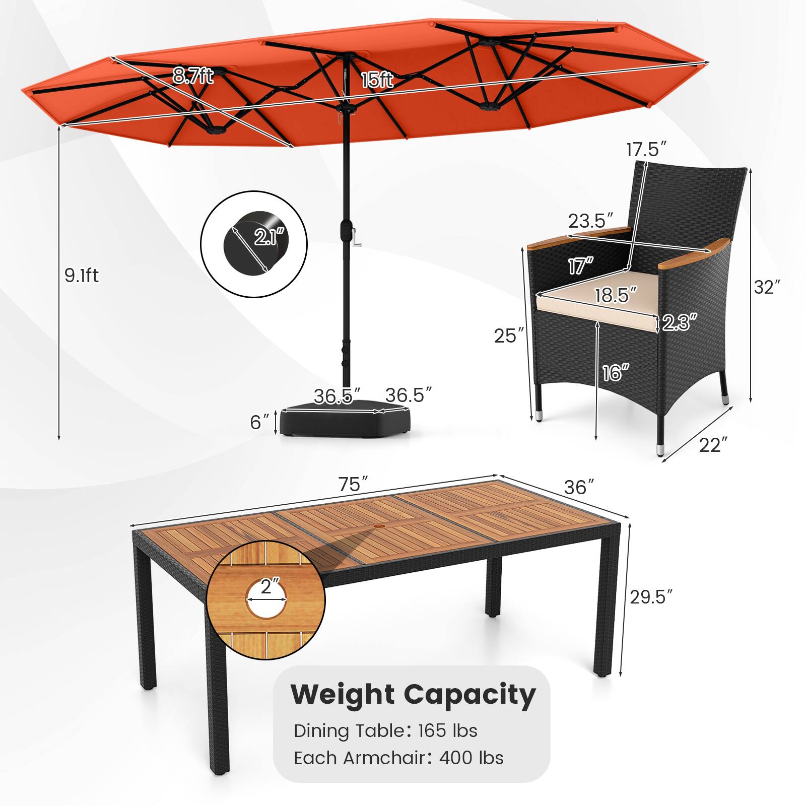 8.7ft 15ft 17.5" 9.1ft 2.1" L 25" 23.5" 17" 18.5" 2.3" 32" 6" 36.5" 36.5" 16" 22" 75" 36" 29.5" Weight Capacity Dining Table: 165 lbs Each Armchair: 400 lbs