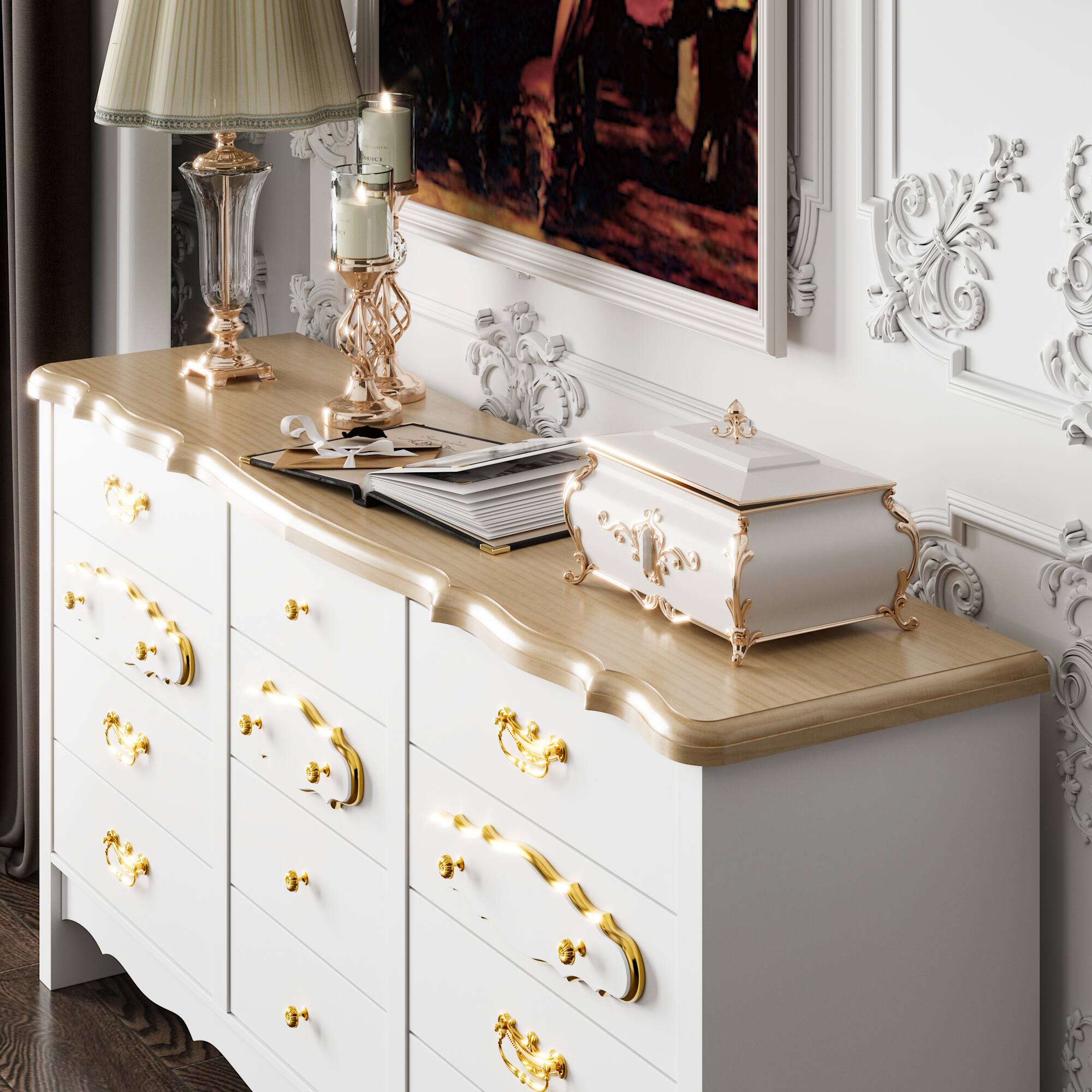 Back. FUFU&GAGA - French Court-Style Nine-Drawer Storage Dresser – A Fusion of Luxurious Aesthetics and Practical Storage - White.
