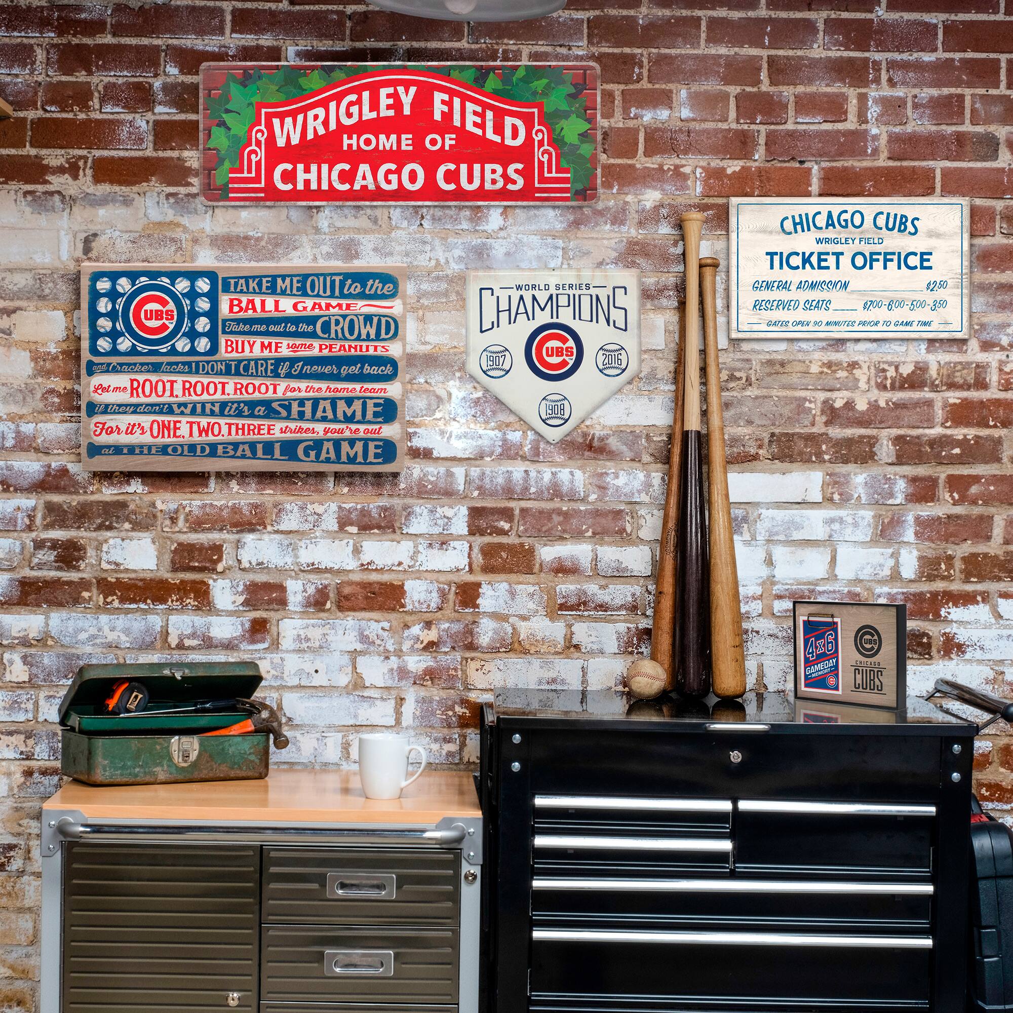 WRIGLEY FIELD  
HOME OF  
CHICAGO CUBS  

TAKE ME OUT TO THE BALL GAME  
Take me out to the CROWD  
BUY ME some PEANUTS  
If I don't care if I never get back  
Let me ROOT. ROOT. ROOT for the home team  
If they don't WIN it's a SHAME  
For it's ONE. TWO. THREE strikes you're out at THE OLD BALL GAME  

CHICAGO CUBS  
WORLD SERIES CHAMPIONS  
2016  

CHICAGO CUBS  
WRIGLEY FIELD  
TICKET OFFICE  
GENERAL ADMISSION $42.50  
RESERVED SEATS $70.00  
GATES OPEN 90 MINUTES PRIOR TO GAME TIME  

1908  
1907  
1906  
1908  
1906  
1908