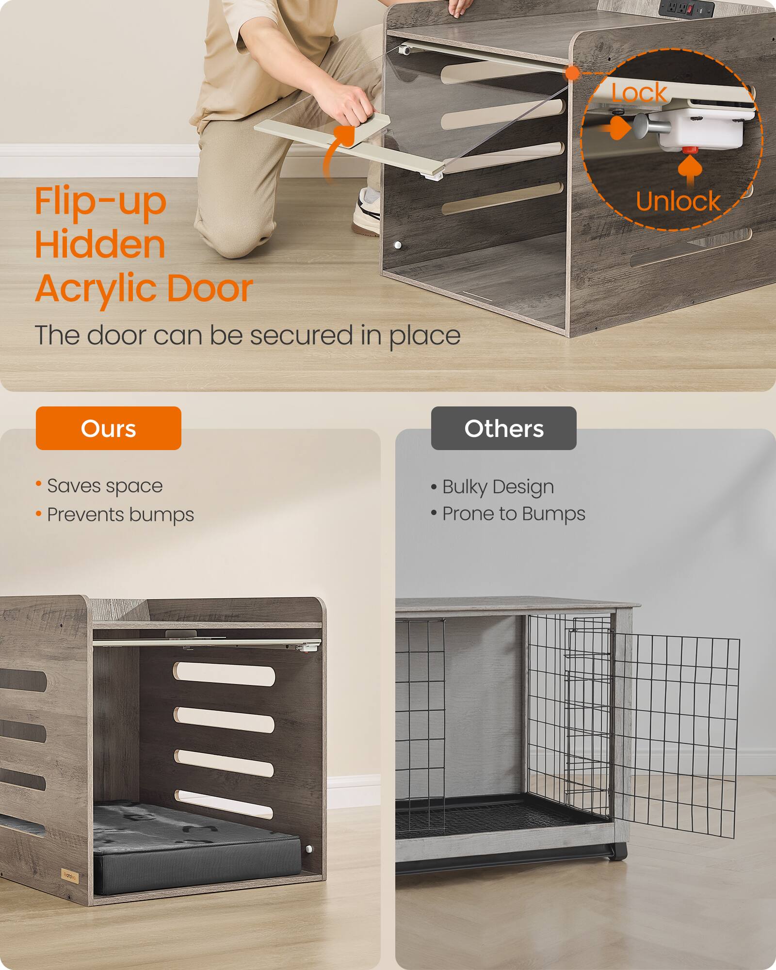 Flip-up Hidden Acrylic Door  
The door can be secured in place

Lock  
Unlock

Ours  
- Saves space  
- Prevents bumps

Others  
- Bulky Design  
- Prone to Bumps