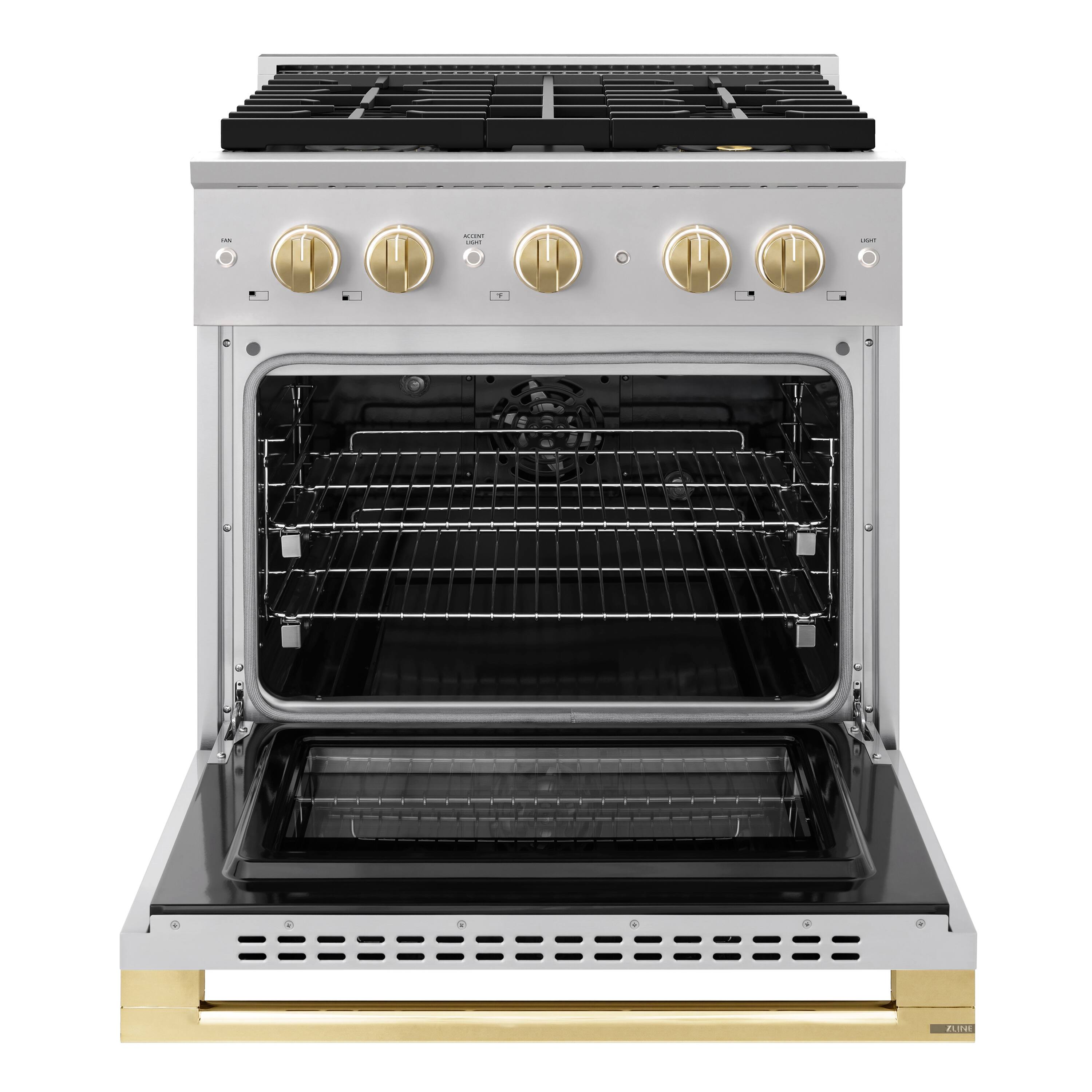 Angle. ZLINE - Autograph 30 in. 4.2 cu. ft. Marino Freestanding DuoPro Dual Fuel Range with Convection Oven & Gold Accents - Stainless Steel.