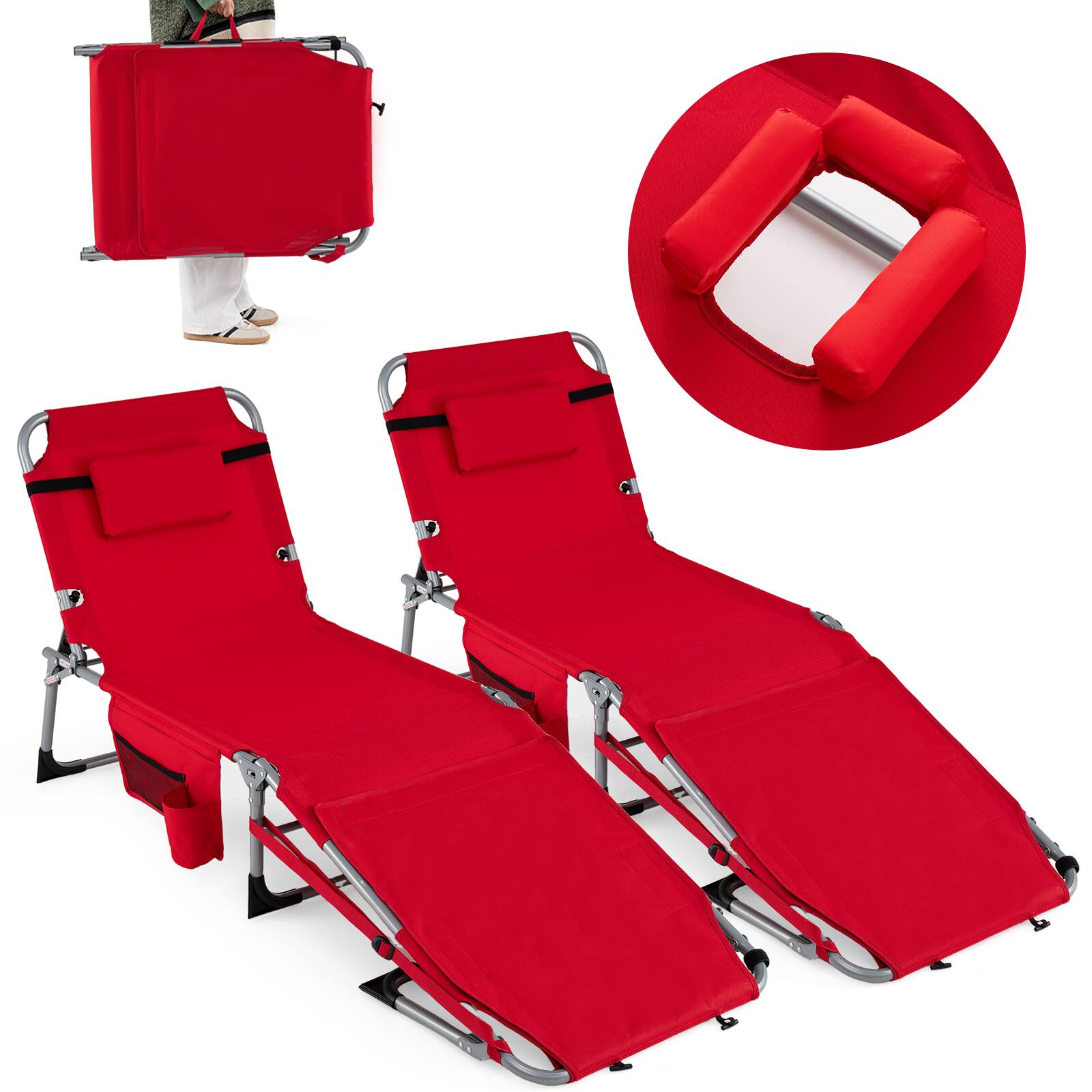 Alt View 8. Gymax - Gymax 2PCS Tanning Chair w/Face Arm Holes 4-Level Backrest & Head Pillow Side Pocket Red - Red.