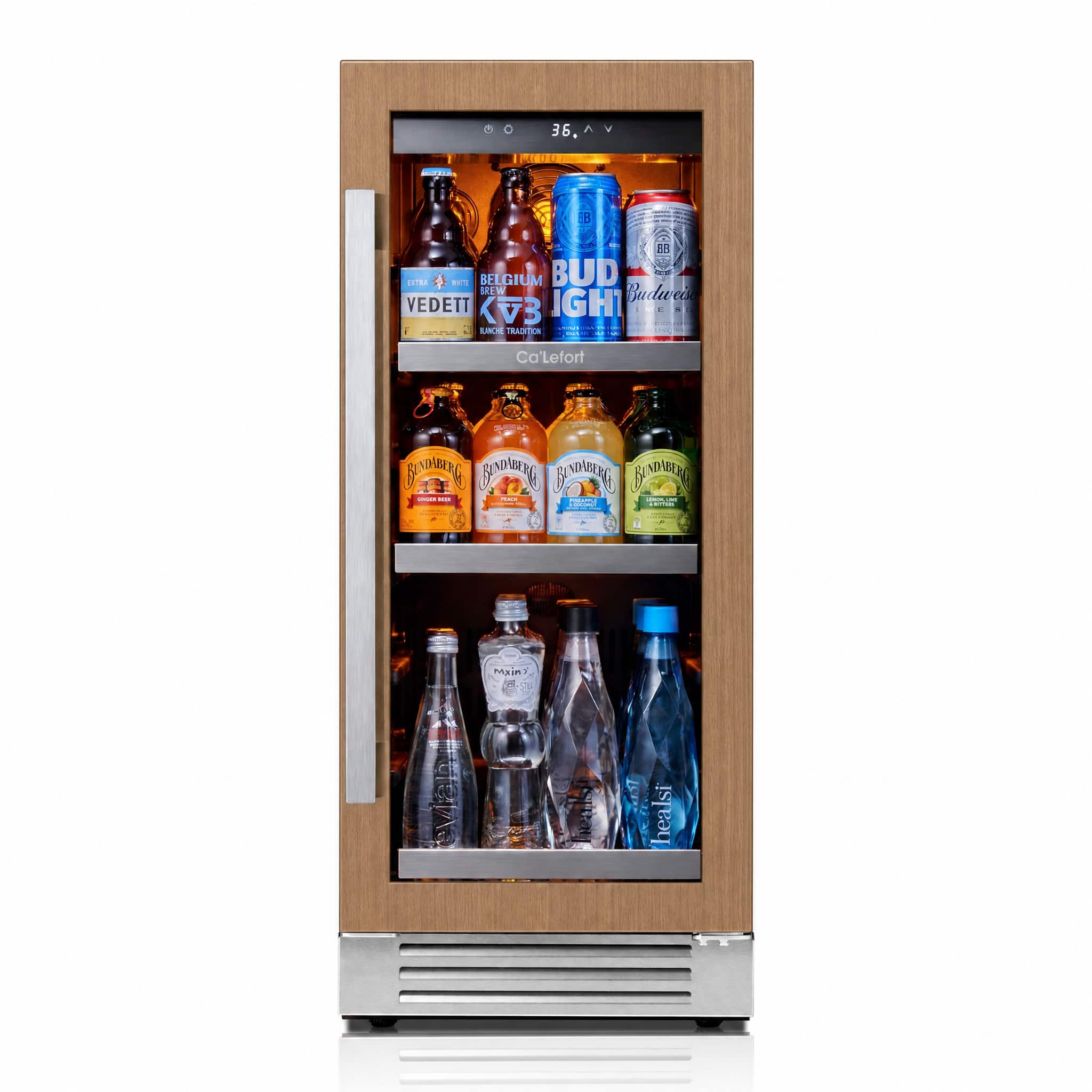 Ca'Lefort - 15 Inch Panel Ready Beverage Refrigerator,100 Can, Glass Door 3 color LED Built-in/Freestanding, (Panels Not Included) - Stainless Steel