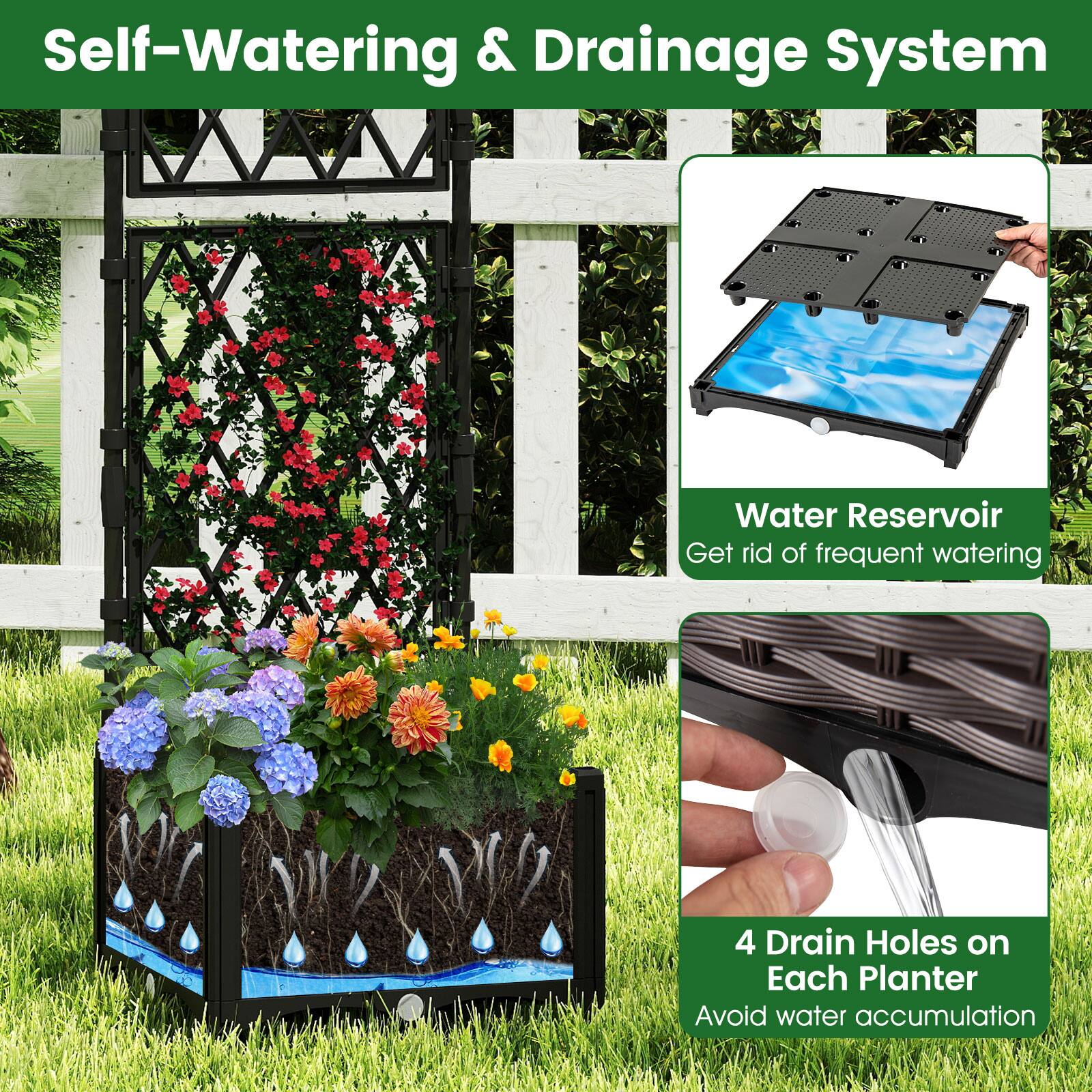 Self-Watering & Drainage System

Water Reservoir
Get rid of frequent watering

4 Drain Holes on Each Planter
Avoid water accumulation