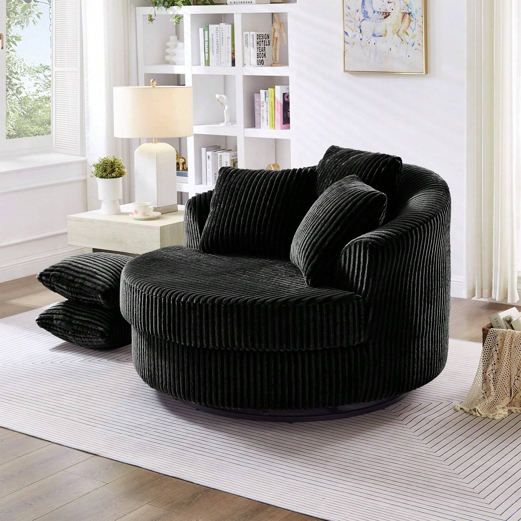 Trinkets Crazed - 360° Swivel Oversized Round Chaise Longue Chair Indoor, Modern Upholstered Corduroy Deep Seat Chair - Black